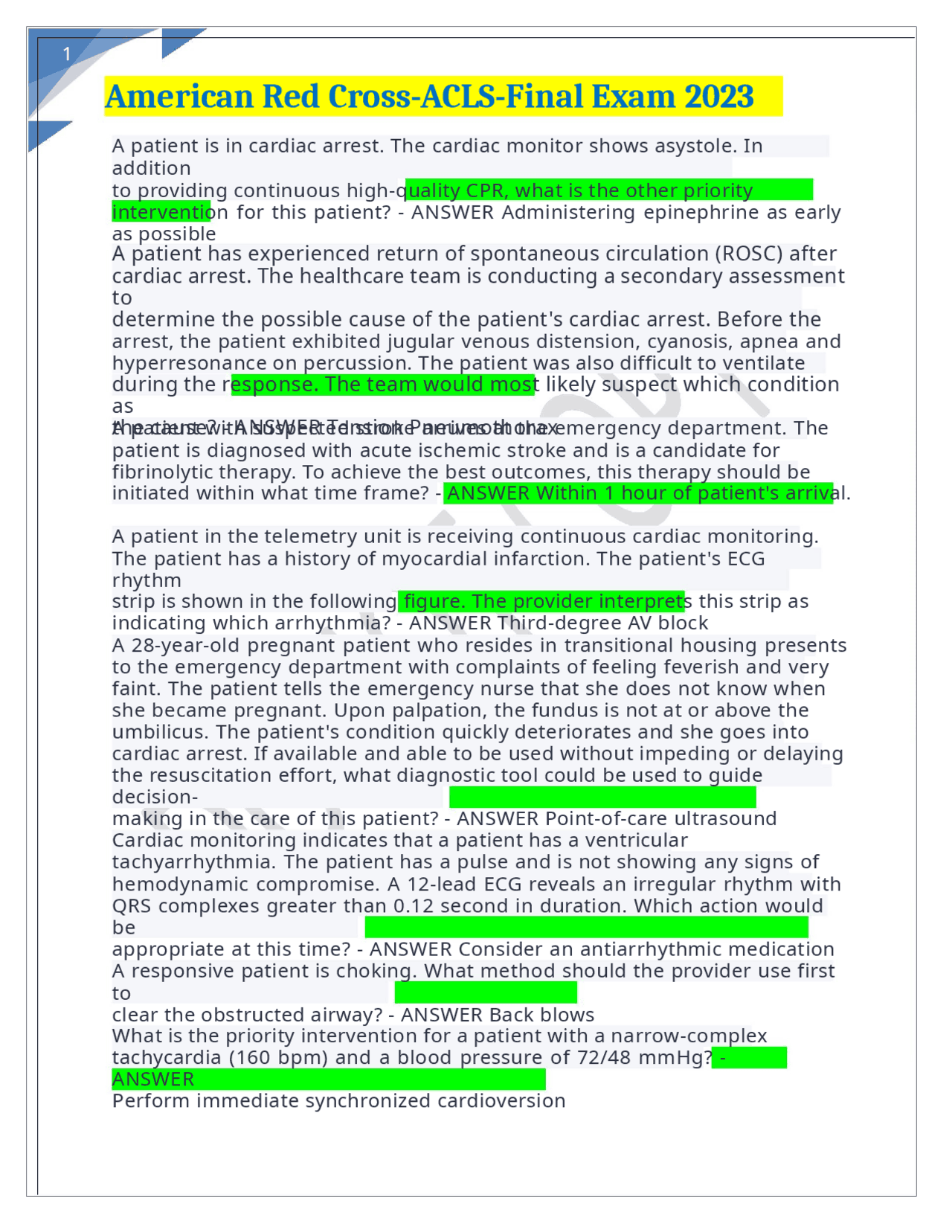 American Red Cross ACLS Final Exam 2023: Questions and Answers | Exams ...
