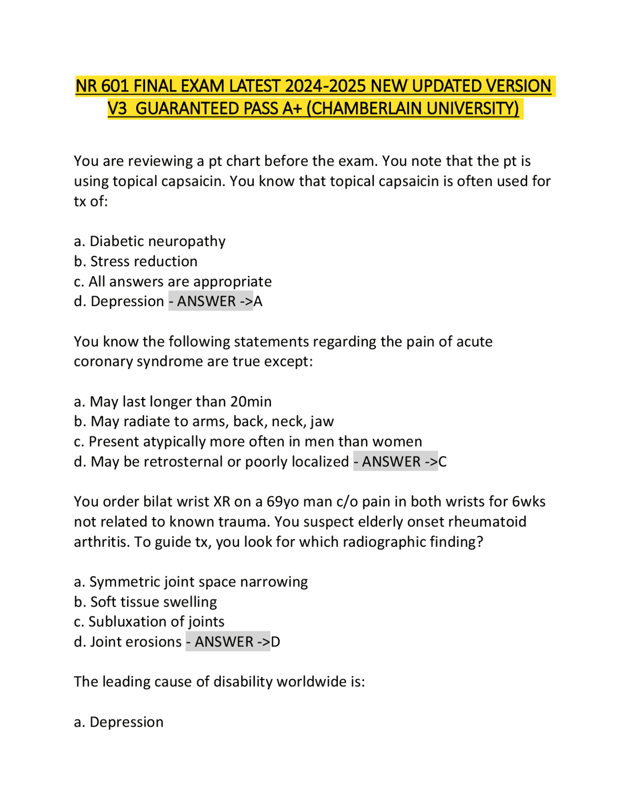 NR 601 Final Exam Questions and Answers: Geriatric and Cardiovascular ...
