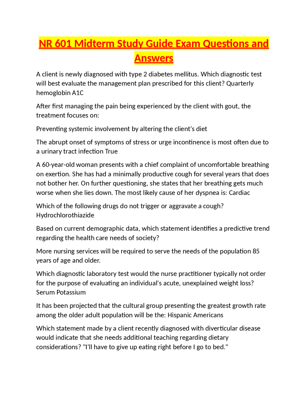NR 601 Midterm Study Guide Exam Questions and Answers | Exams Nursing ...