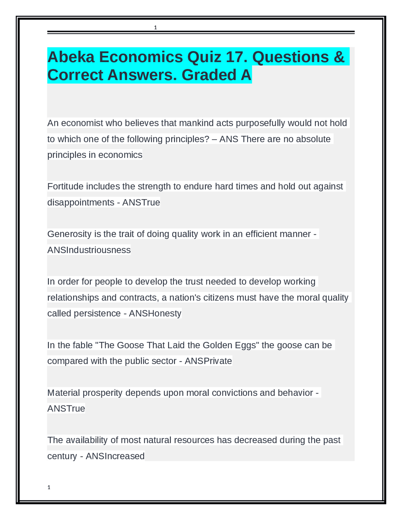 Abeka Economics Quiz 17. Questions & Correct Answers. Graded A Exams