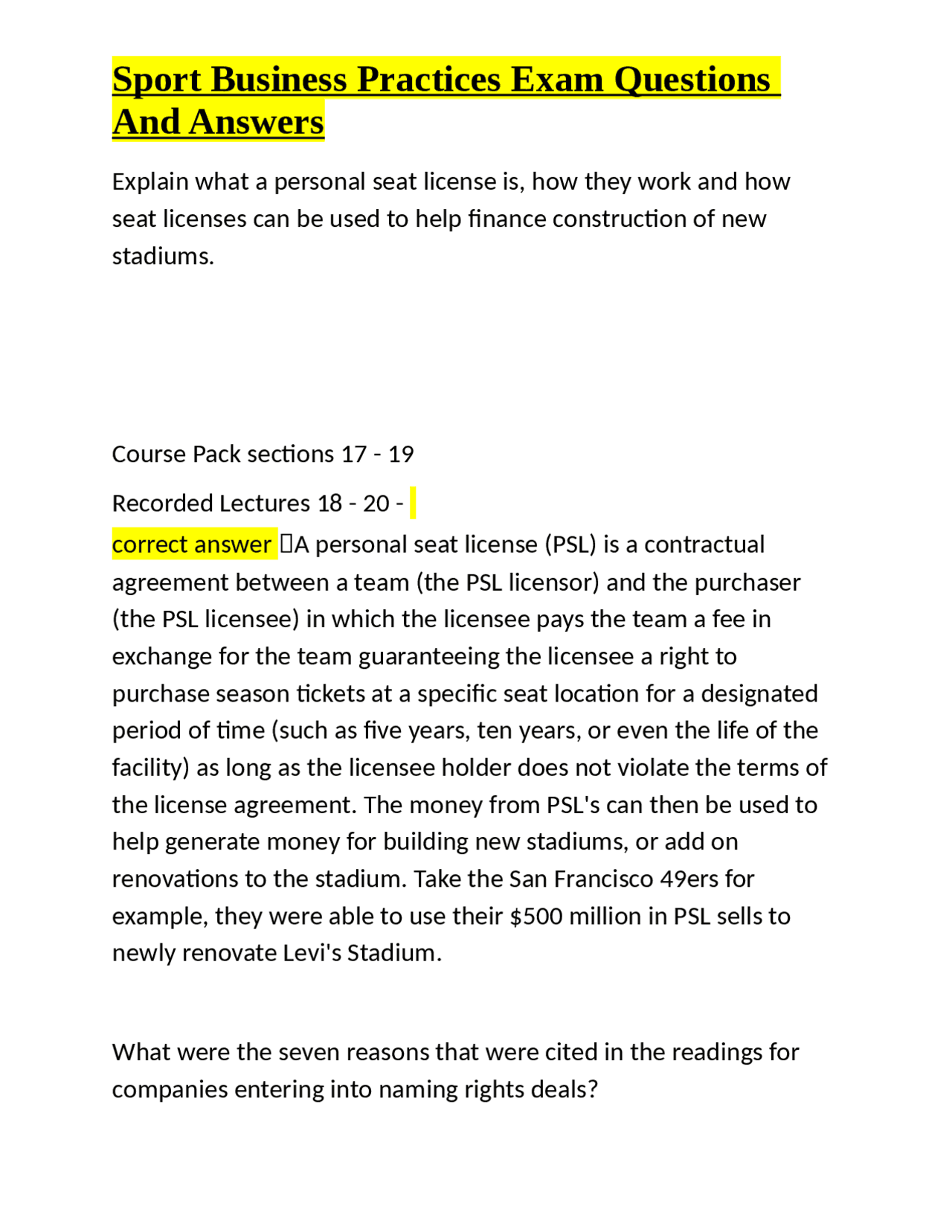 Sport Business Practices Exam Questions And Answers | Exams Sports Law ...