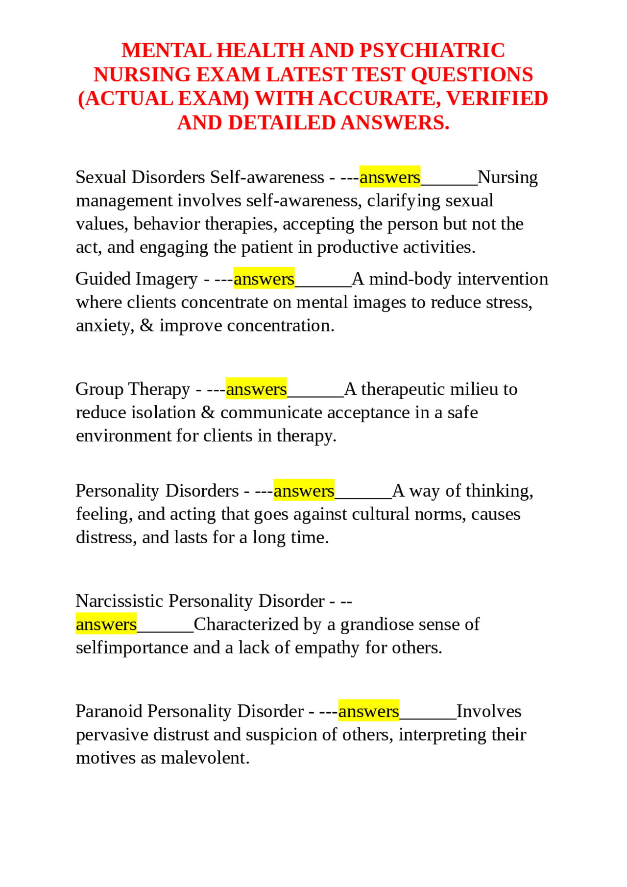 MENTAL HEALTH AND PSYCHIATRIC NURSING EXAM LATEST TEST QUESTIONS ...