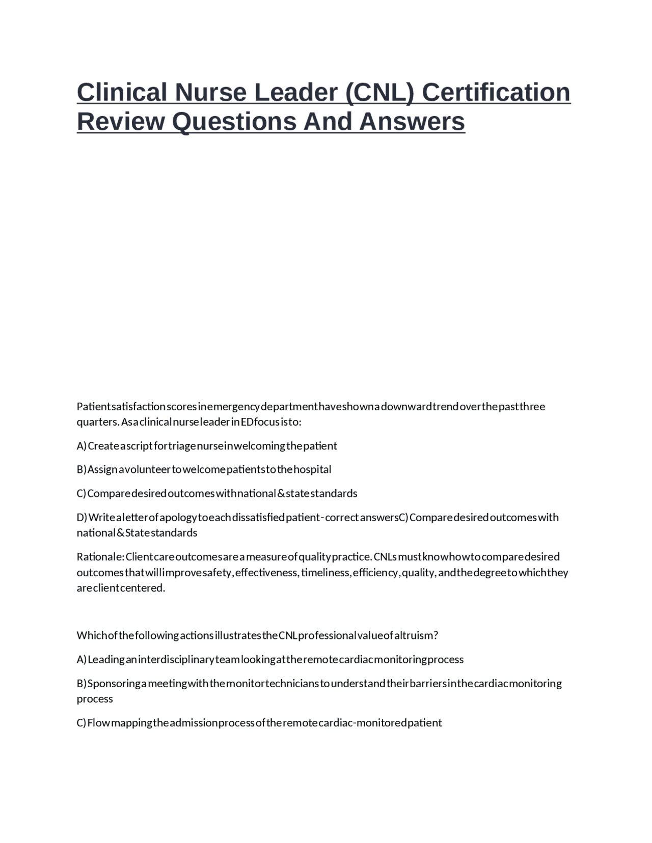 Clinical Nurse Leader (CNL) Certification Review Questions and Answers ...
