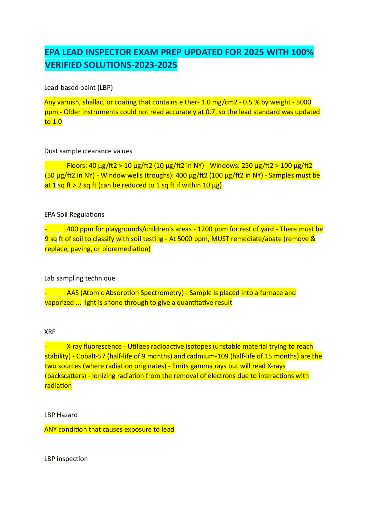 EPA LEAD INSPECTOR EXAM PREP UPDATED FOR 2025 WITH 100% VERIFIED ...
