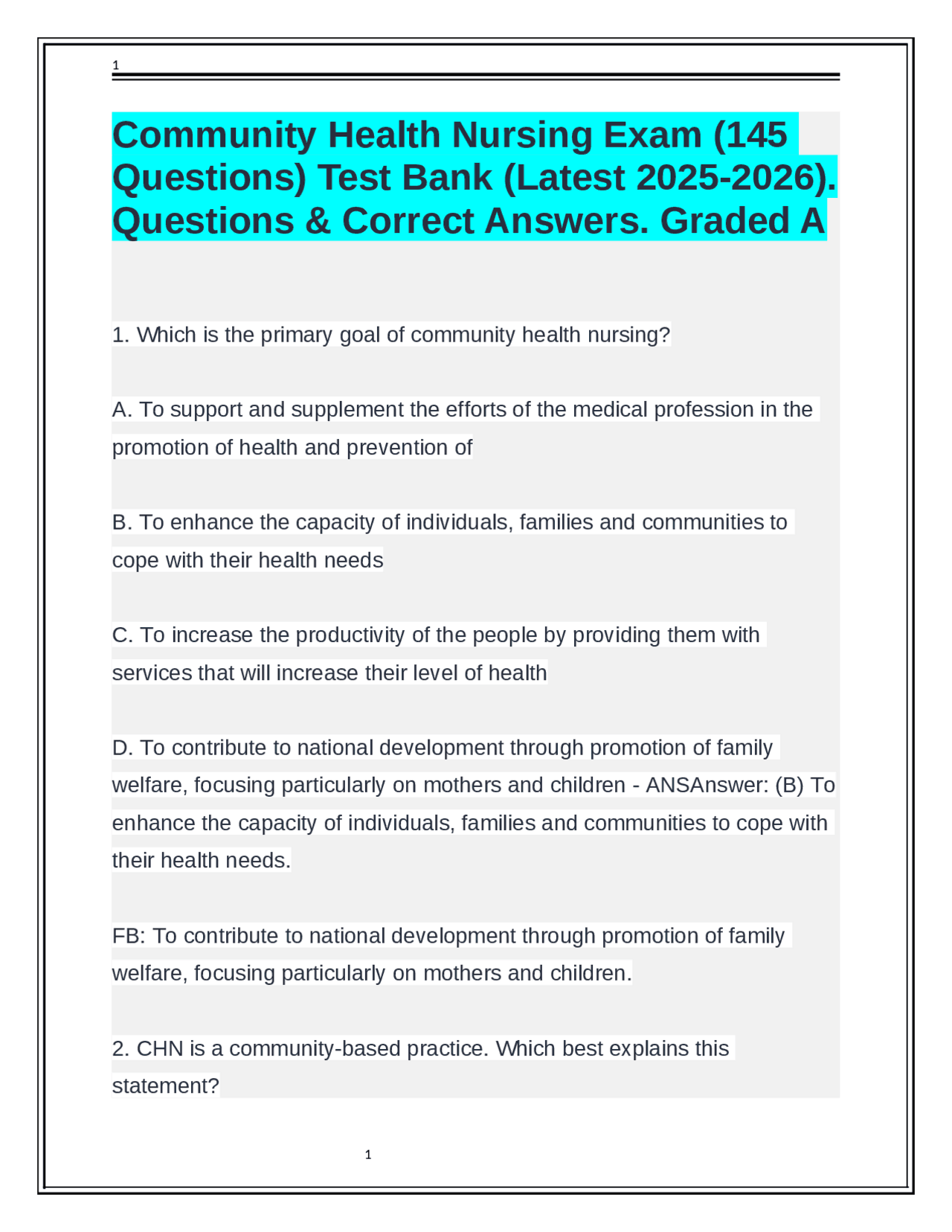 Community Health Nursing Exam (145 Questions) Test Bank (Latest 2025 ...