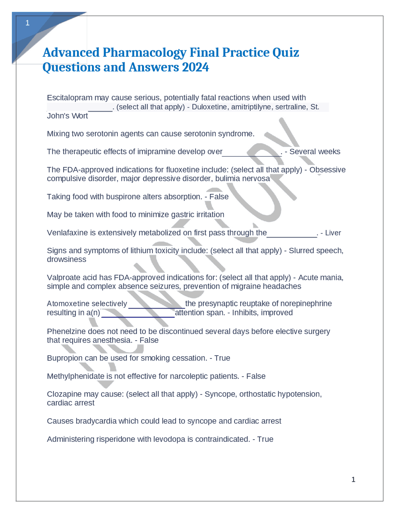 Advanced Pharmacology Final Practice Quiz Questions and Answers 2024 | Exams Nursing | Docsity