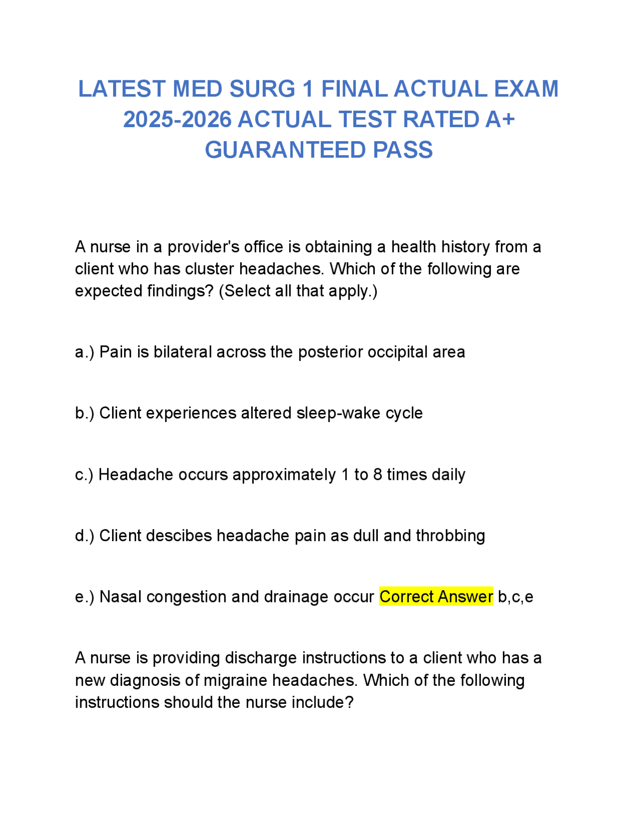 LATEST MED SURG 1 FINAL ACTUAL EXAM 2025-2026 ACTUAL TEST RATED A+ ...