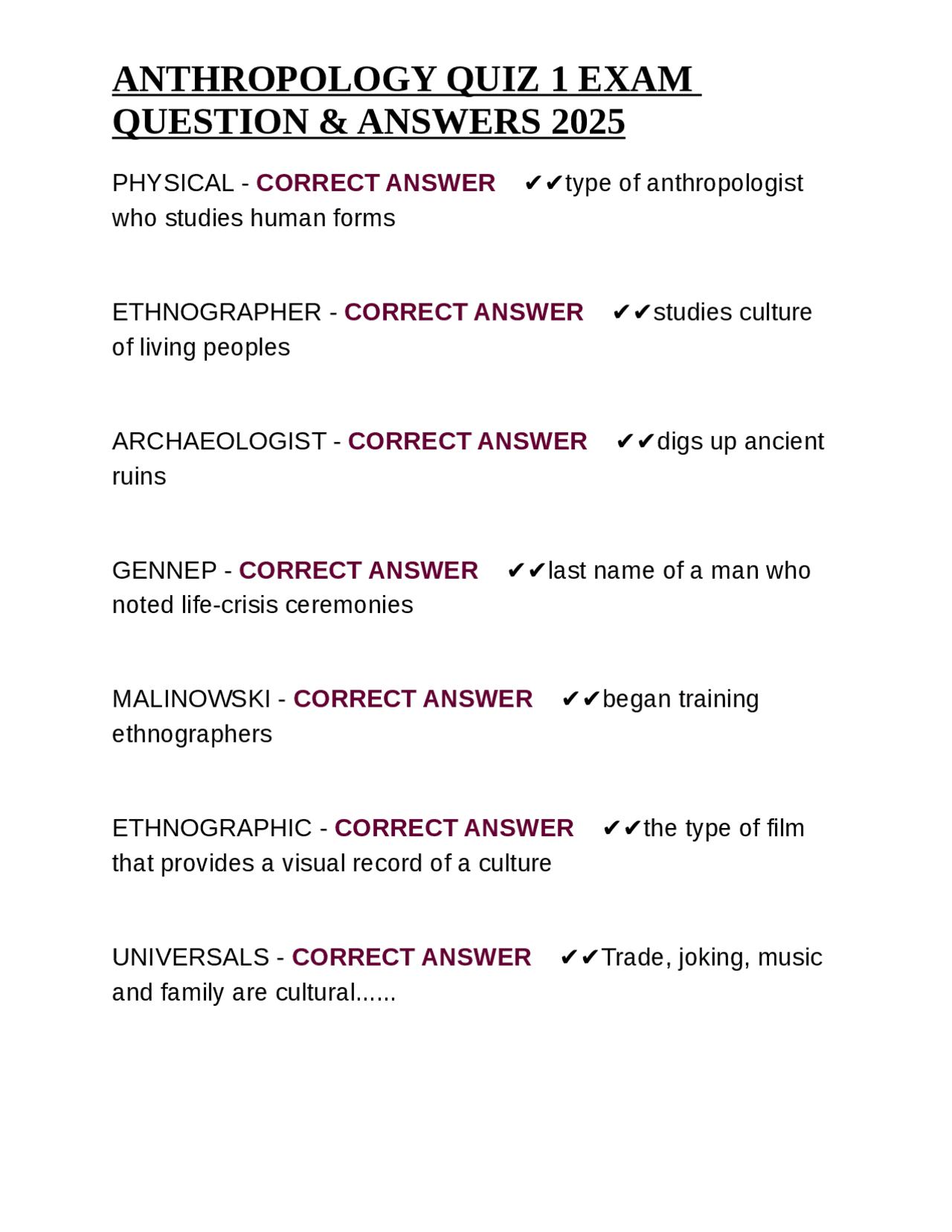 Anthropology Quiz 1 Exam: Questions and Answers | Exams Nursing | Docsity