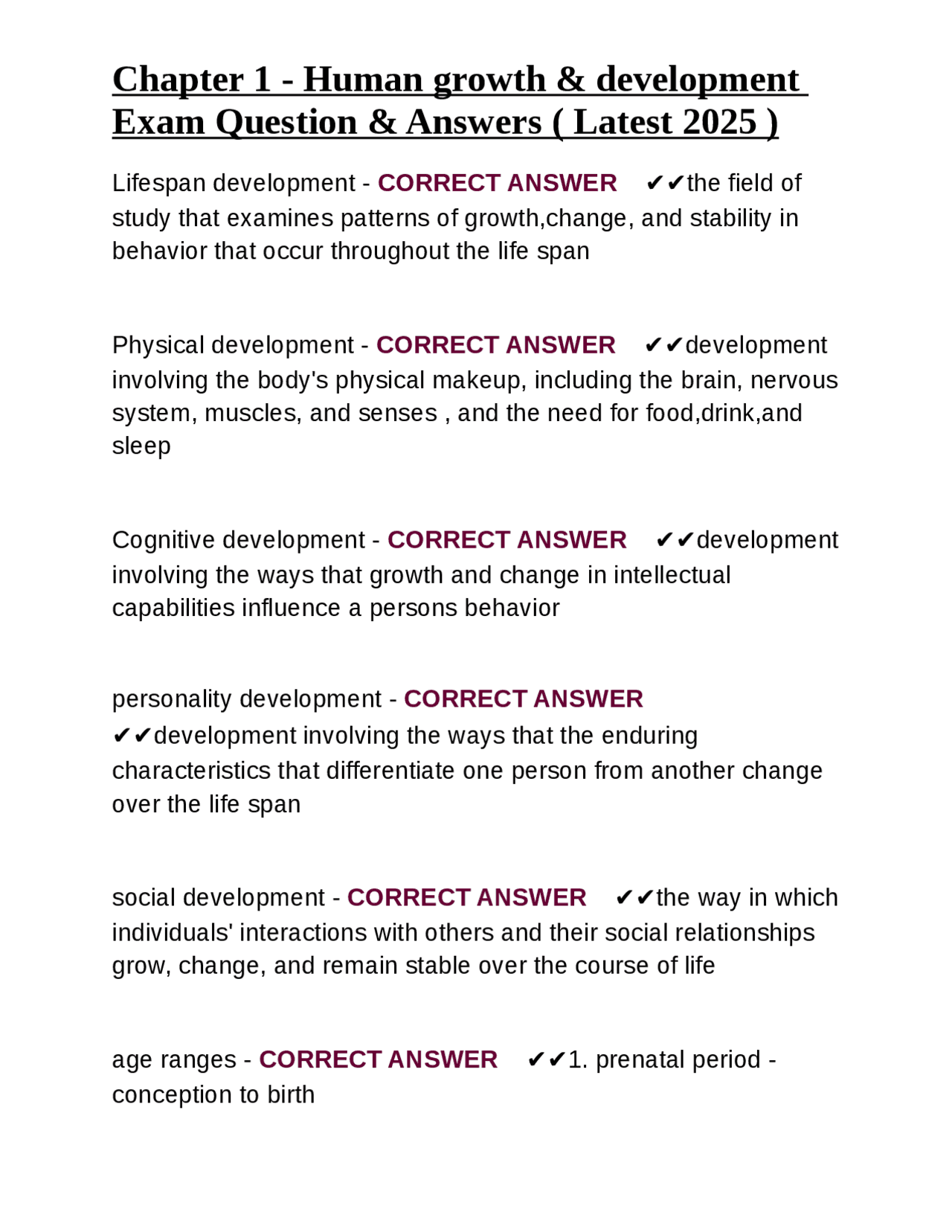 Chapter 1 - Human growth & development Exam Question & Answers ( Latest ...