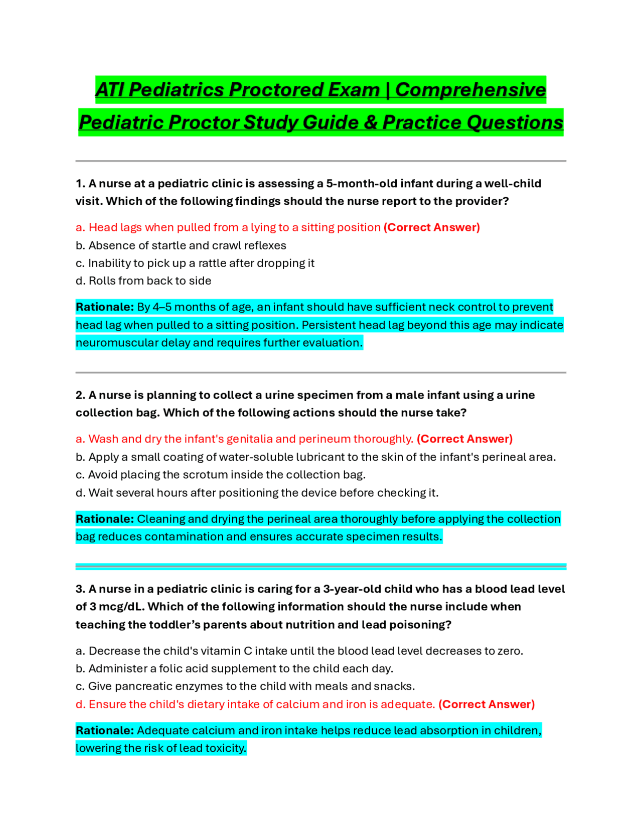 A.T.I Pediatrics Proctored Exam | Comprehensive Pediatric Proctor Study ...