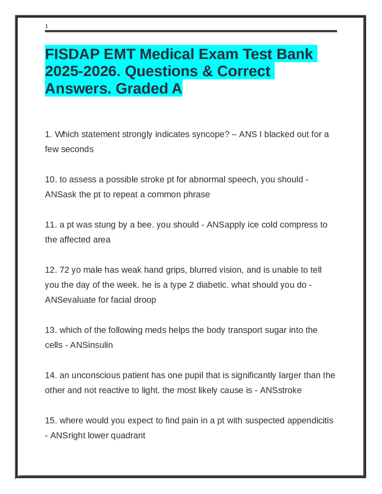 FISDAP EMT Medical Exam Test Bank 2025-2026. Questions & Correct ...