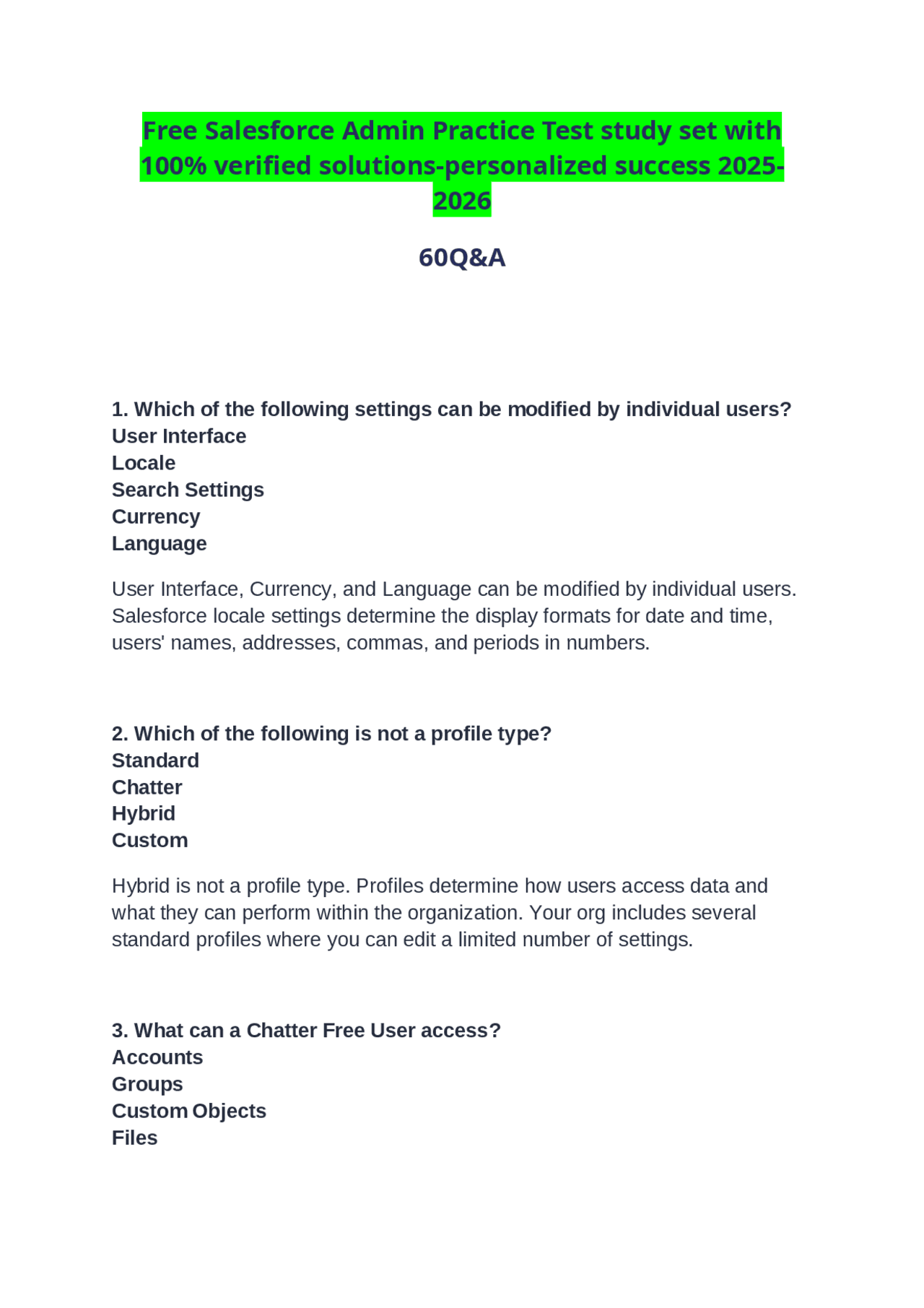 Free Salesforce Admin Practice Test study set with 100% verified ...