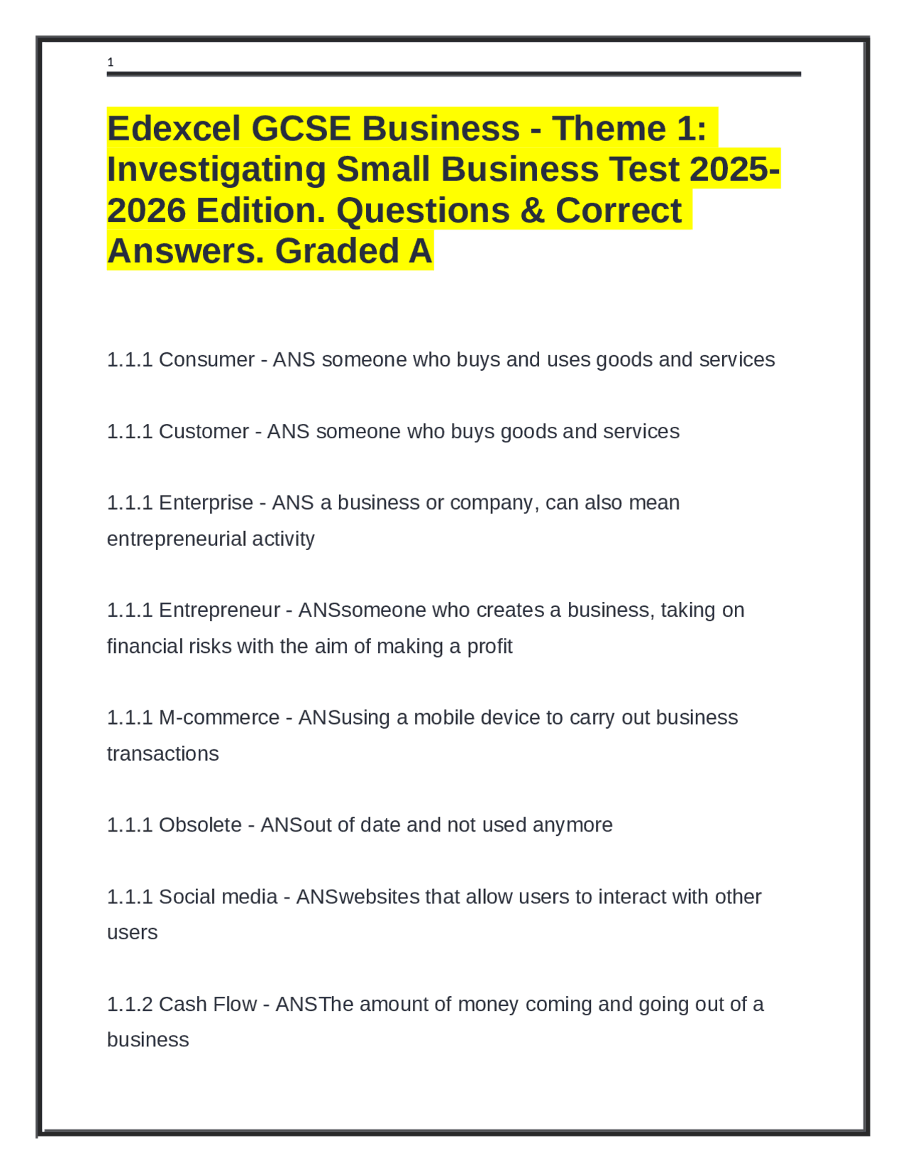 Edexcel GCSE Business - Theme 1: Investigating Small Business Test 2025 ...