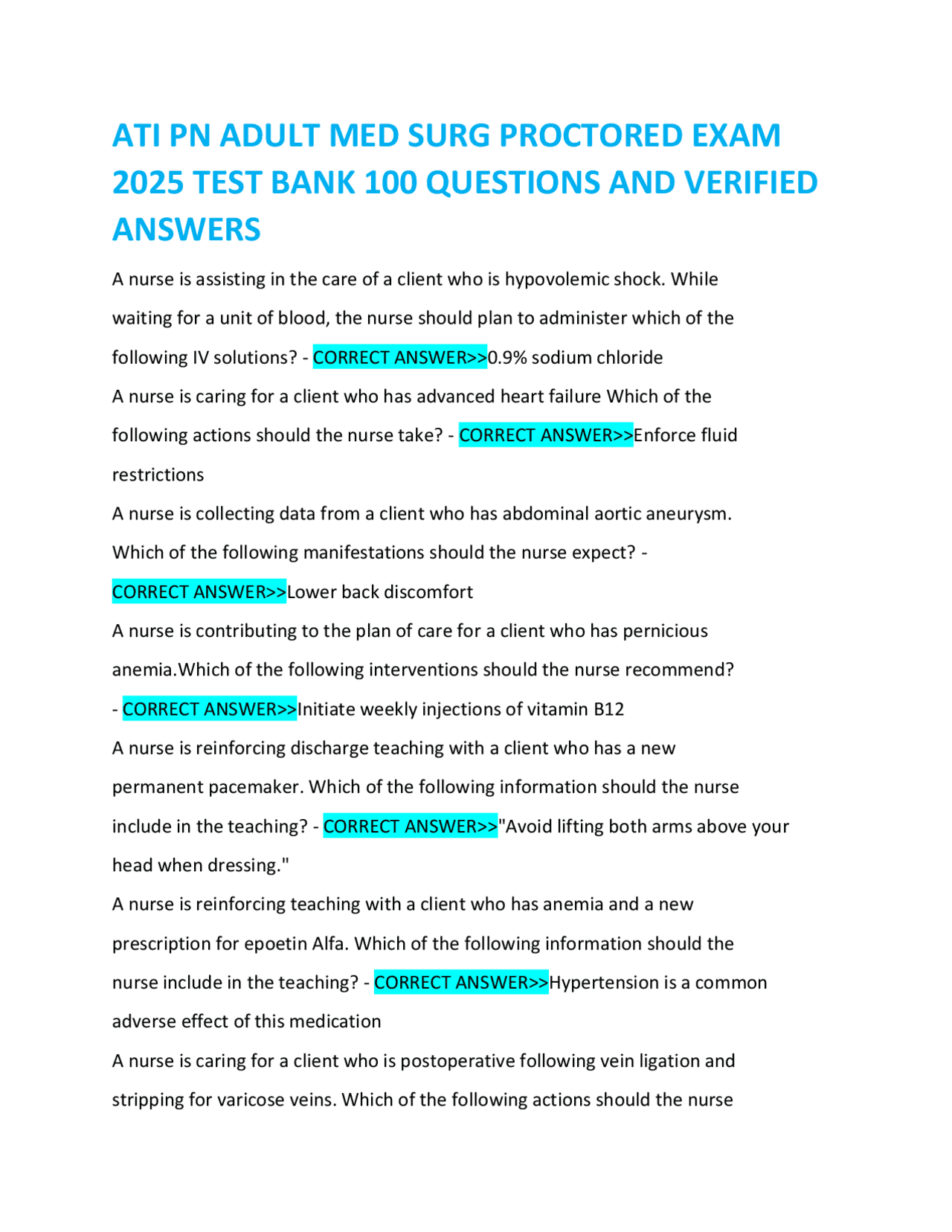 ATI PN ADULT MED SURG PROCTORED EXAM 2025 TEST BANK 100 QUESTIONS AND ...