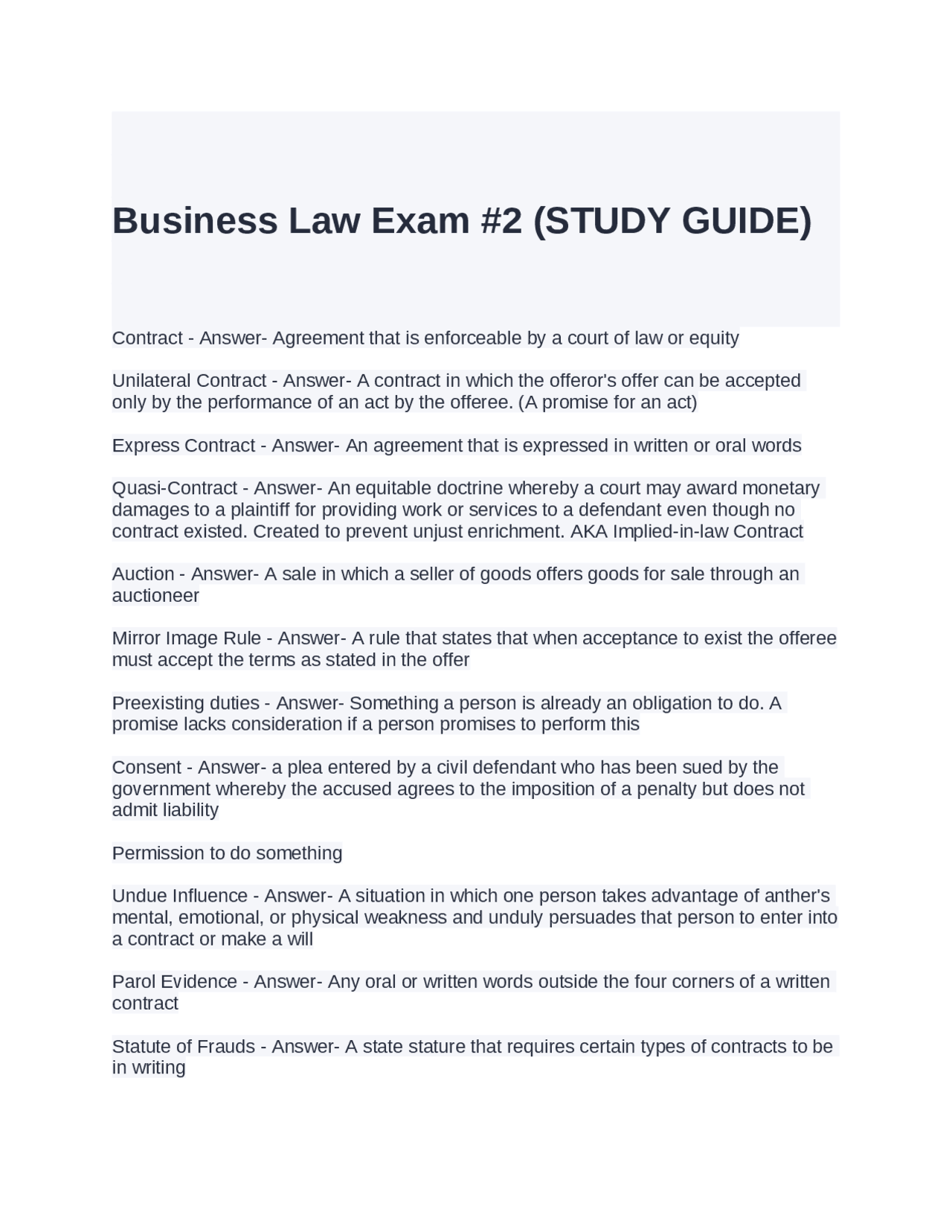 Business Law Exam 2 Study Guide Key Definitions And Concepts Exams