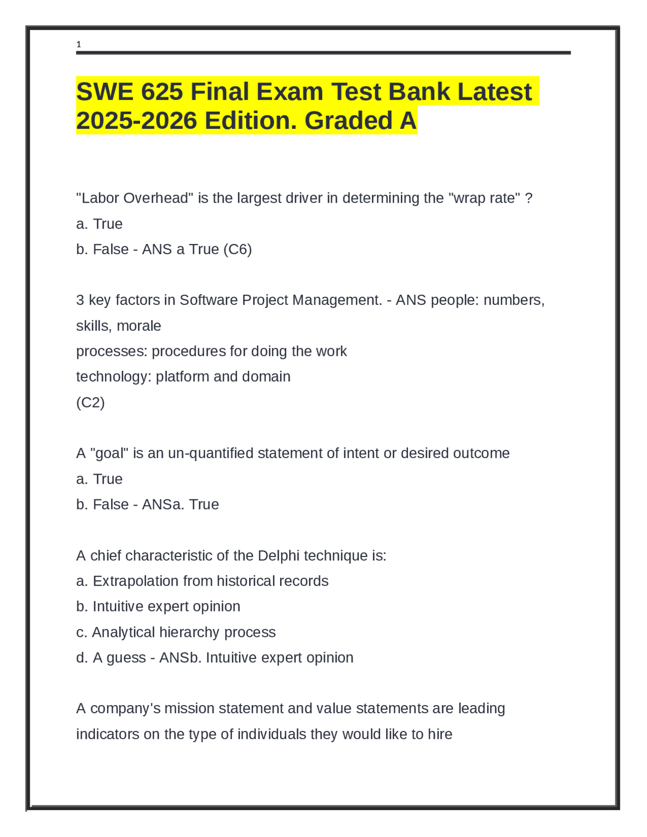 SWE 625 Final Exam Test Bank Latest 2025-2026 Edition. Graded A | Exams ...