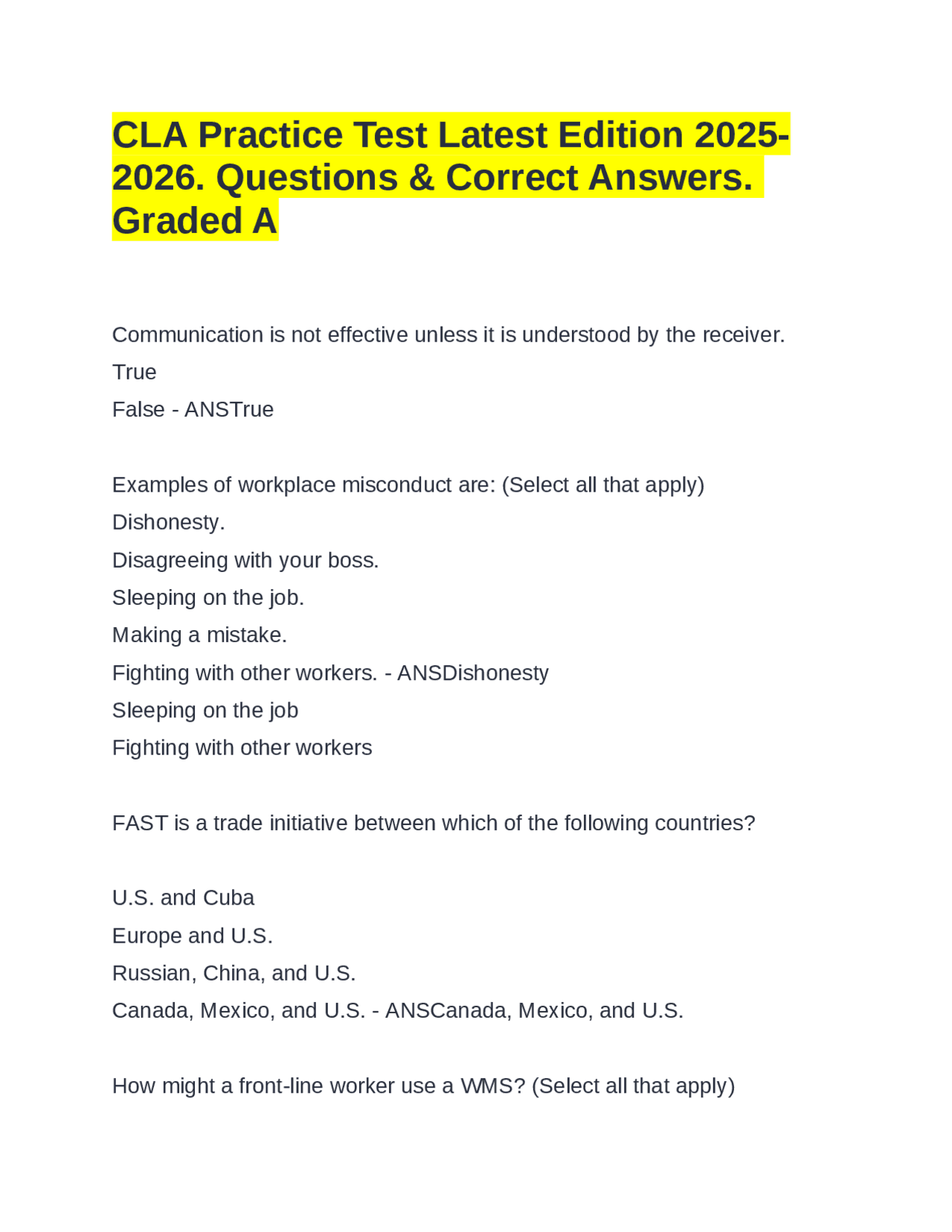 CLA Practice Test Latest Edition 2025-2026. Questions & Correct Answers ...