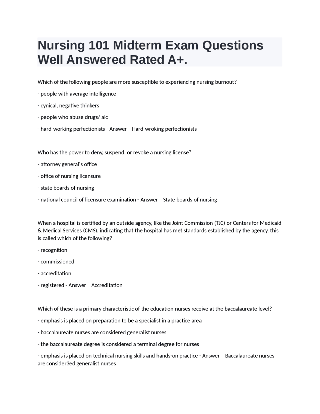 Nursing 101 Midterm Exam Questions Well Answered Rated A+. | Exams ...