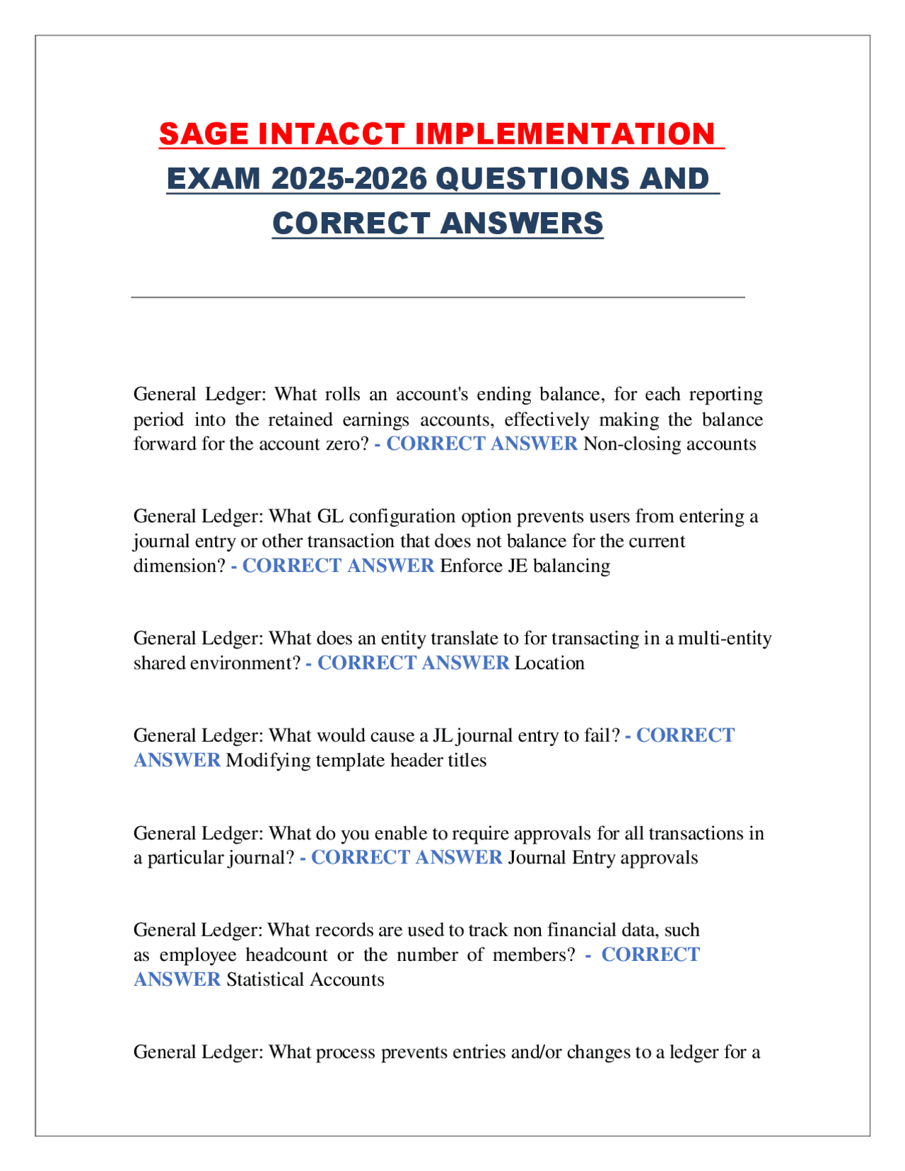 Sage Intacct Implementation Exam 2025-2026 – Verified Questions and ...