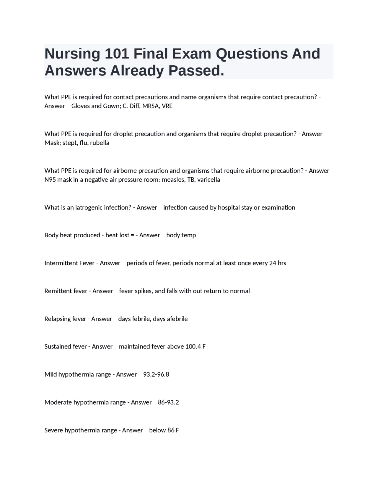 Nursing 101 Final Exam Questions And Answers Already Passed. | Exams ...