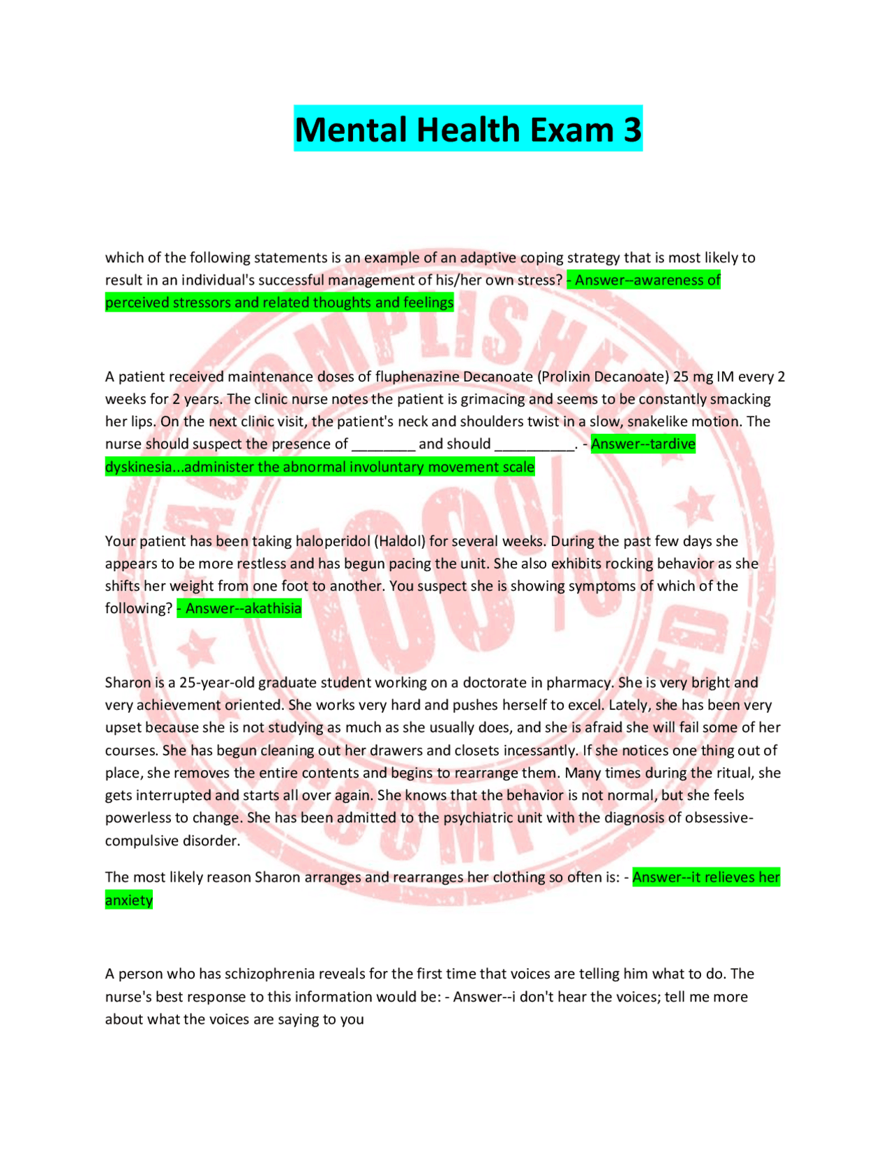 Mental Health Exam 3 which | Exams Nursing | Docsity