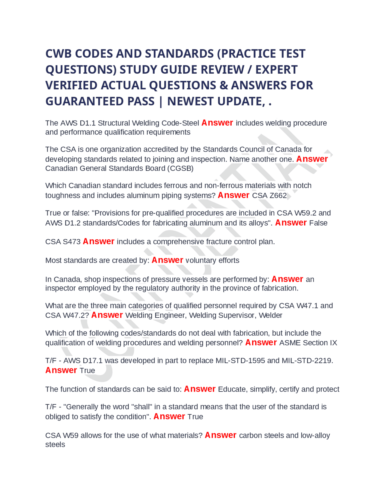 CWB CODES AND STANDARDS (PRACTICE TEST QUESTIONS) STUDY GUIDE REVIEW / EXPERT VERIFIED ACT ...