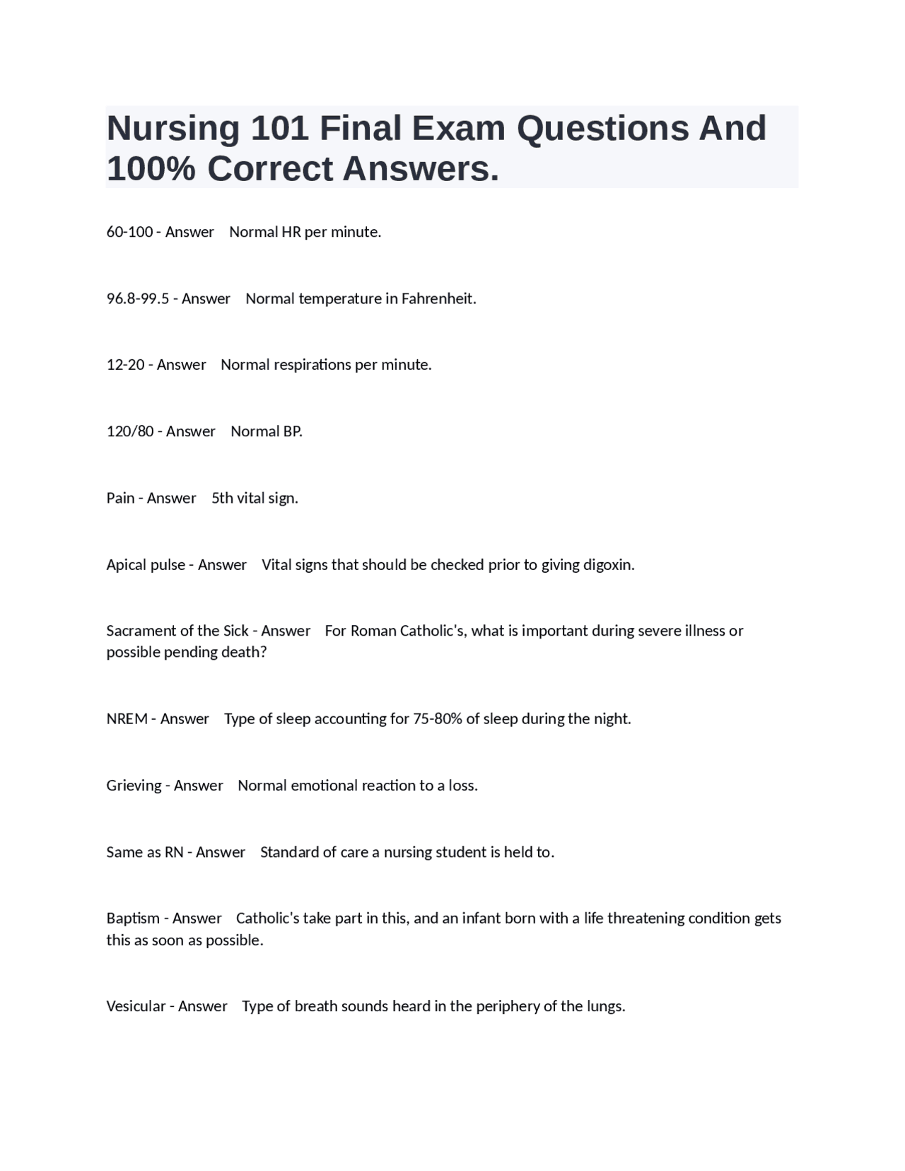 Nursing 101 Final Exam Questions And 100% Correct Answers. | Exams ...