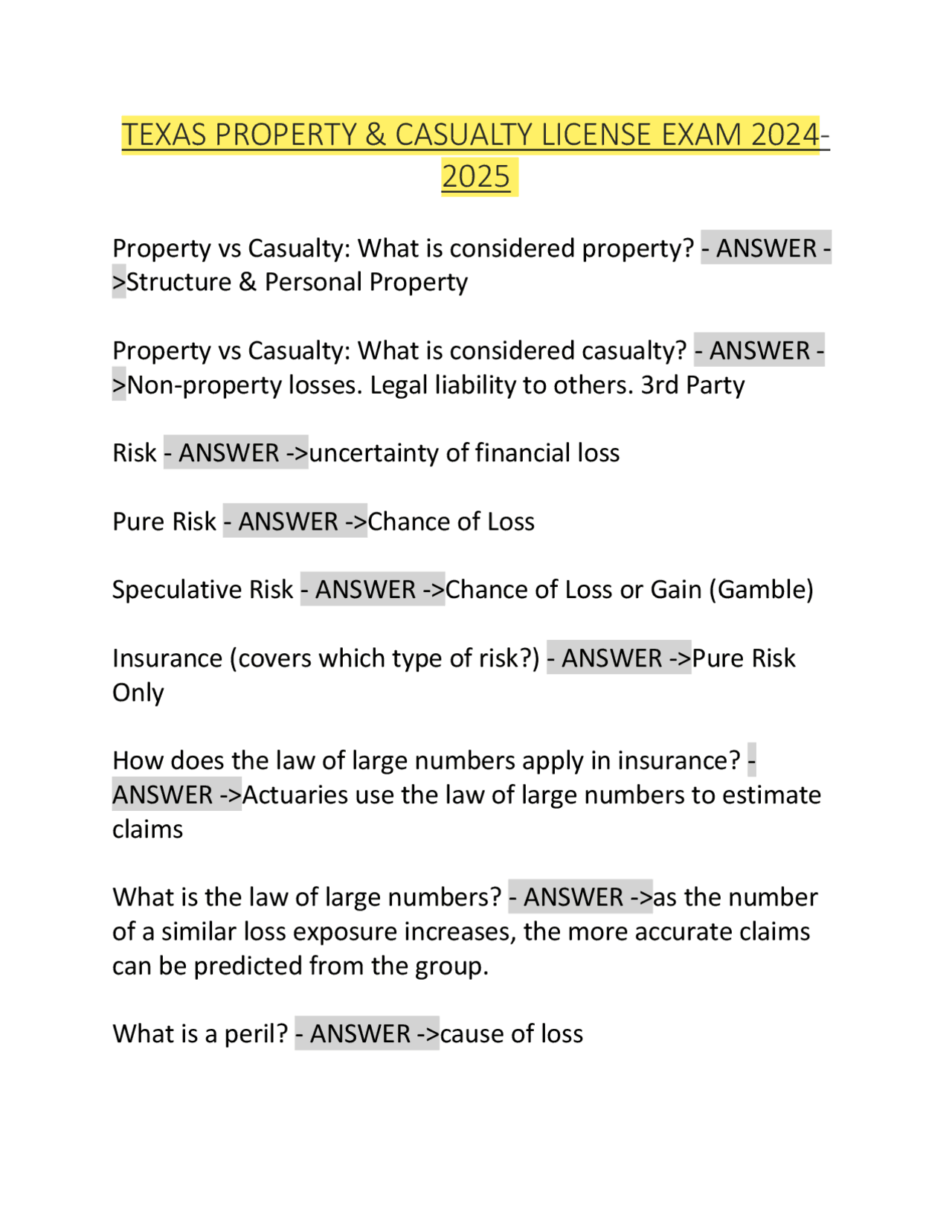 TEXAS PROPERTY & CASUALTY LICENSE EXAM 2025 2026 Exams Risk