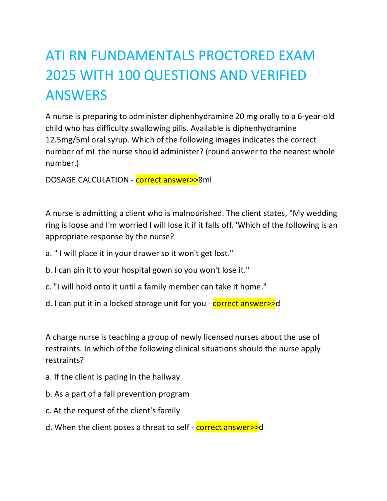 ATI RN FUNDAMENTALS PROCTORED EXAM 2025 WITH 100 QUESTIONS AND VERIFIED ...