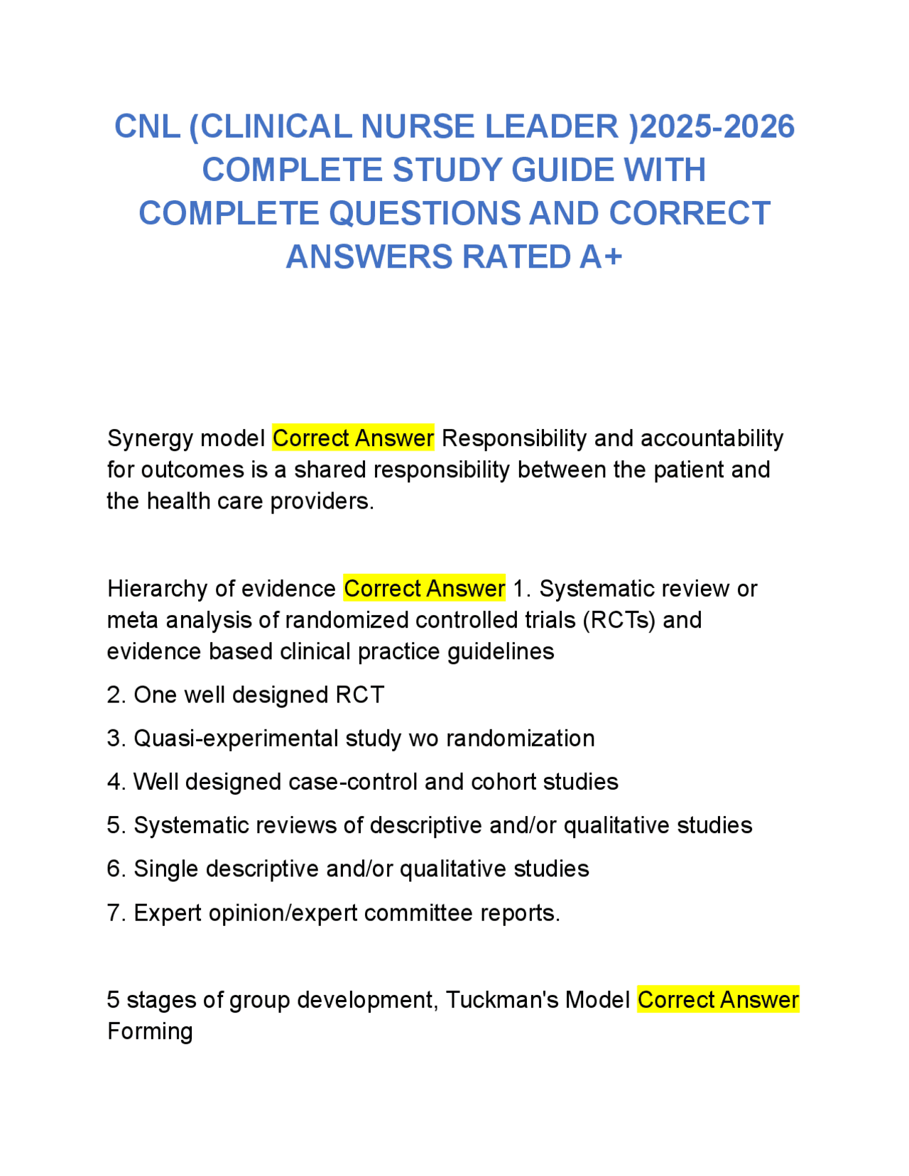 CNL (CLINICAL NURSE LEADER )2025-2026 COMPLETE STUDY GUIDE GRADED A+ ...