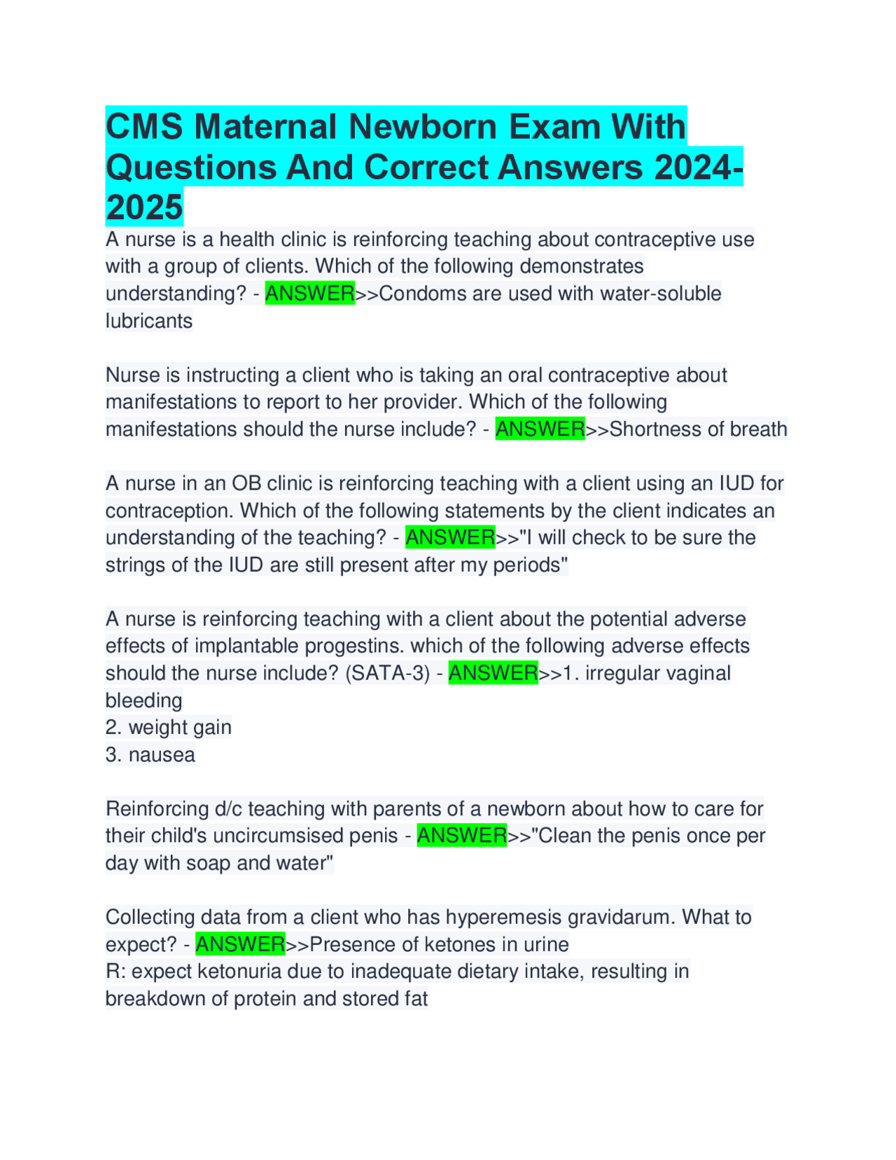 CMS Maternal Newborn Exam With Questions And Correct Answers 2024 2025 ...