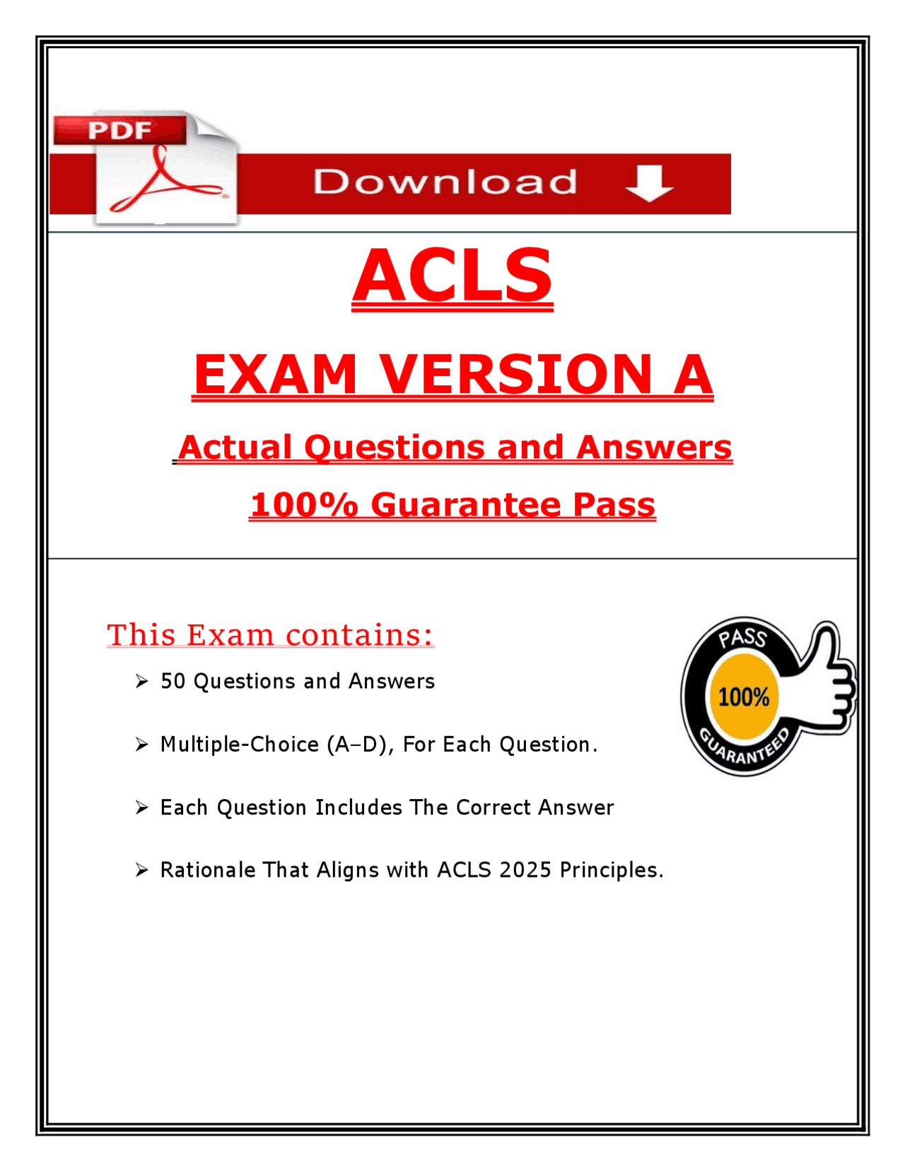 Pass Your 2025 ACLS Exam Version A Actual Questions and Revised Answers ...