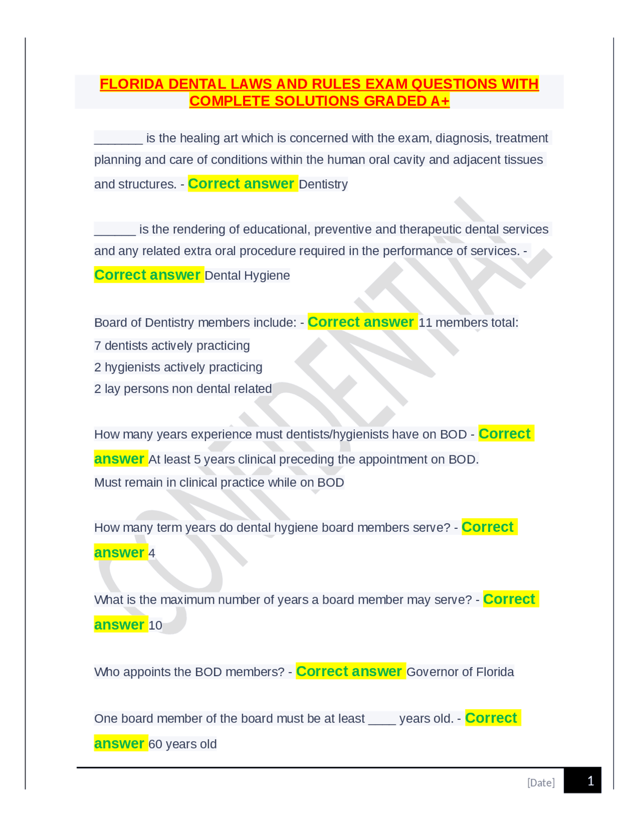 FLORIDA DENTAL LAWS AND RULES EXAM QUESTIONS WITH COMPLETE SOLUTIONS ...