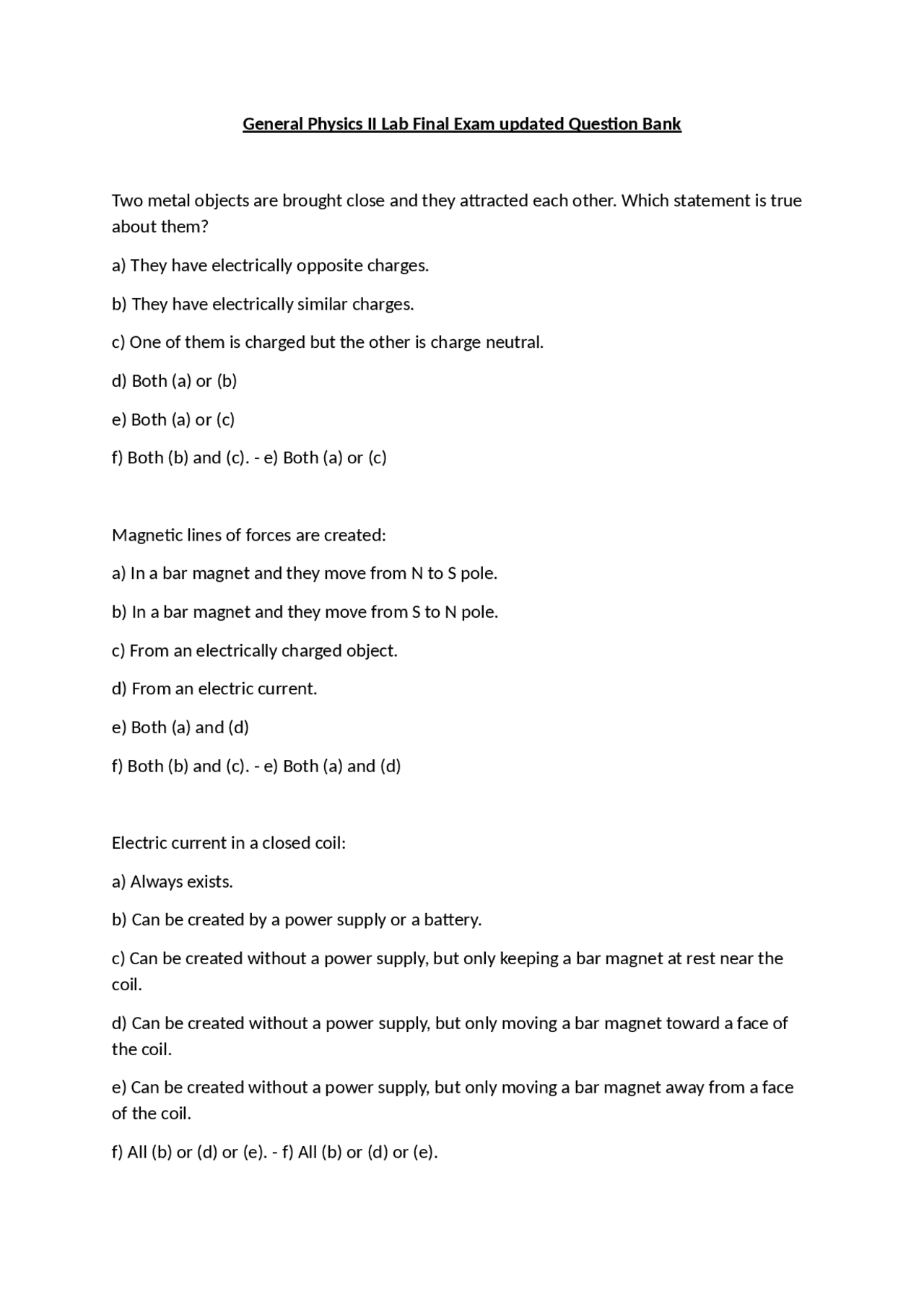 General Physics II Lab Final Exam updated Question Bank | Exams ...