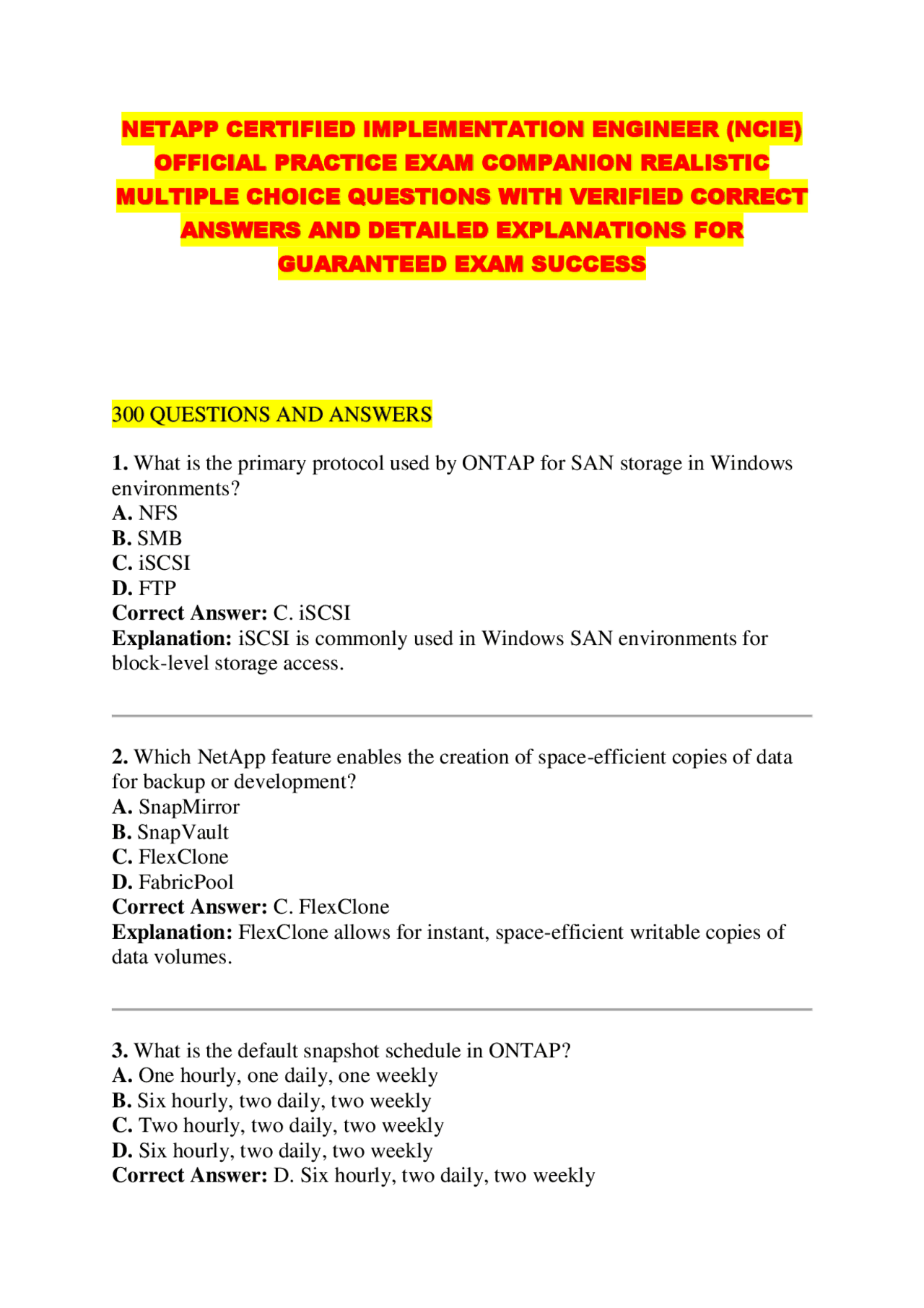 NETAPP CERTIFIED IMPLEMENTATION ENGINEER (NCIE) OFFICIAL PRACTICE EXAM ...