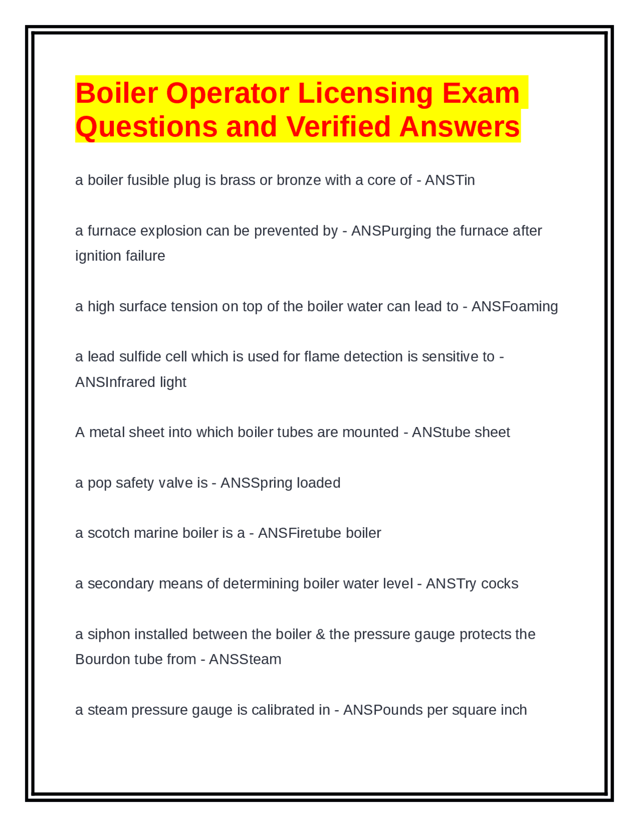 Boiler Operator Licensing Exam Questions and Answers Exams Boiler