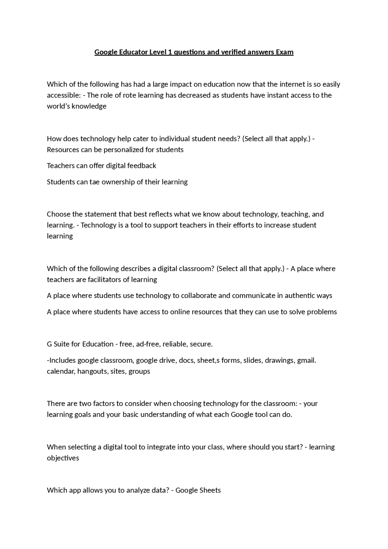 Google Educator Level 1 questions and verified answers Exam | Exams ...