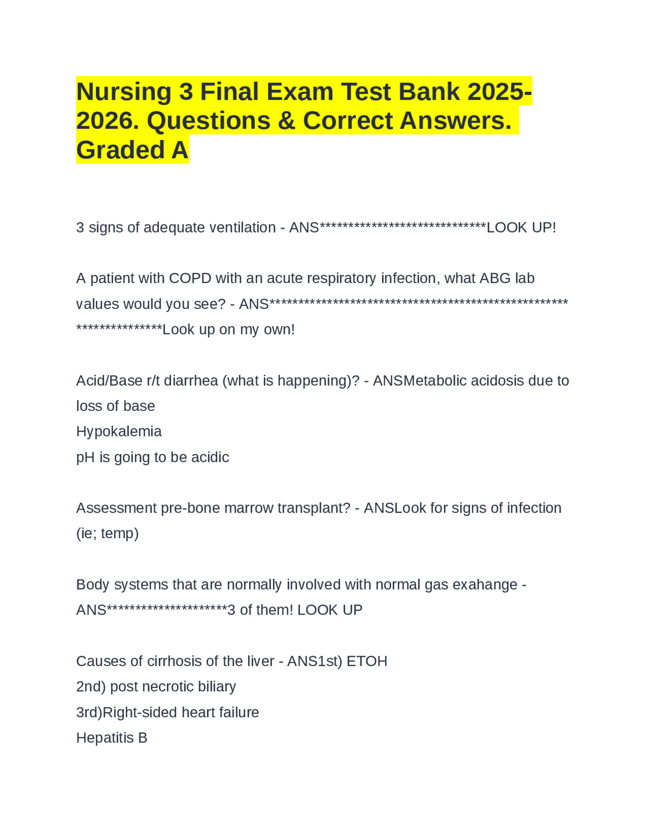 Nursing 3 Final Exam Test Bank 2025-2026. Questions & Correct Answers ...