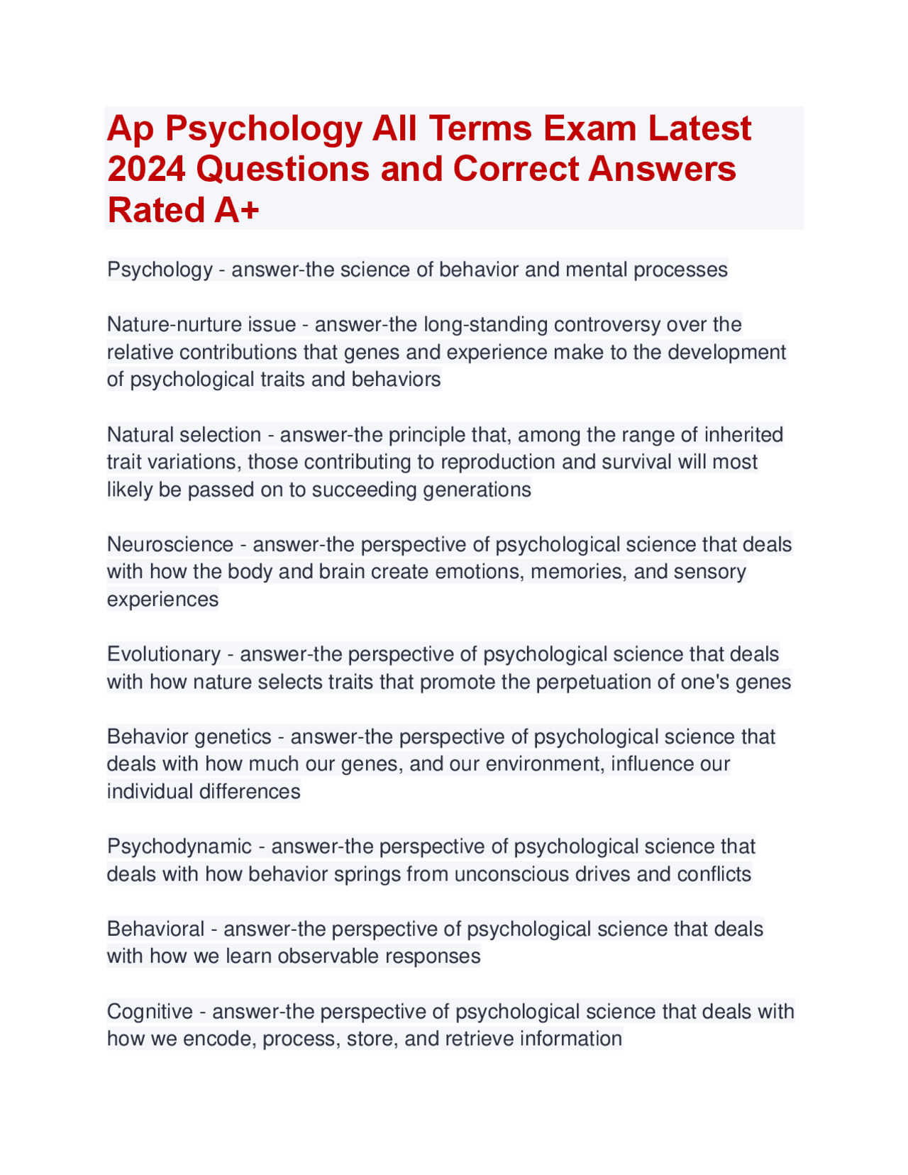 Ap Psychology All Terms Exam Latest 2024 Questions and Correct Answers ...