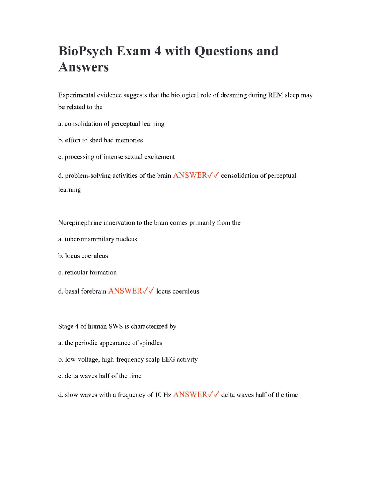 BioPsych Exam 4 with Questions and Answers | Exams Nursing | Docsity