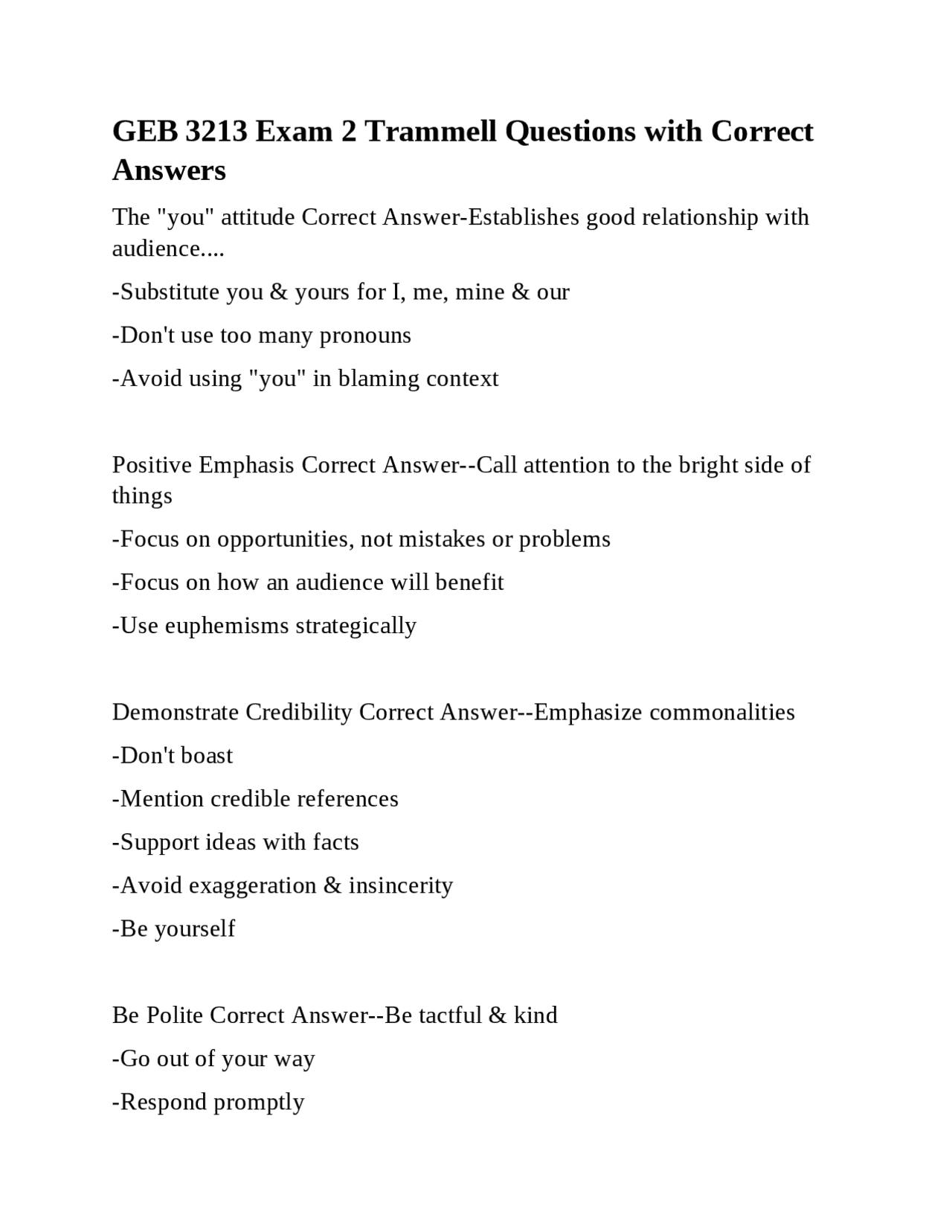 GEB 3213 Exam 2 Trammell Questions with Correct Answers | Exams ...