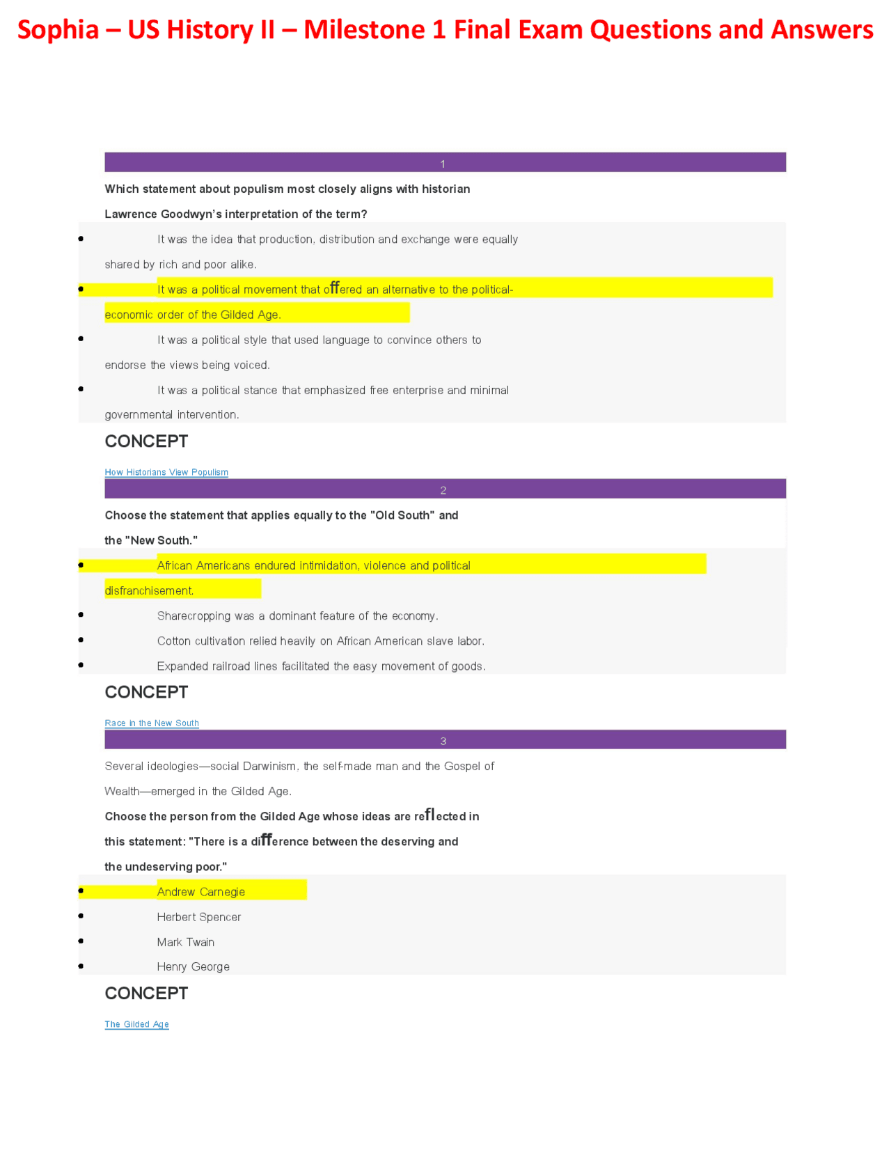 US History II Milestone 1 Final Exam Questions and Answers | Exams ...