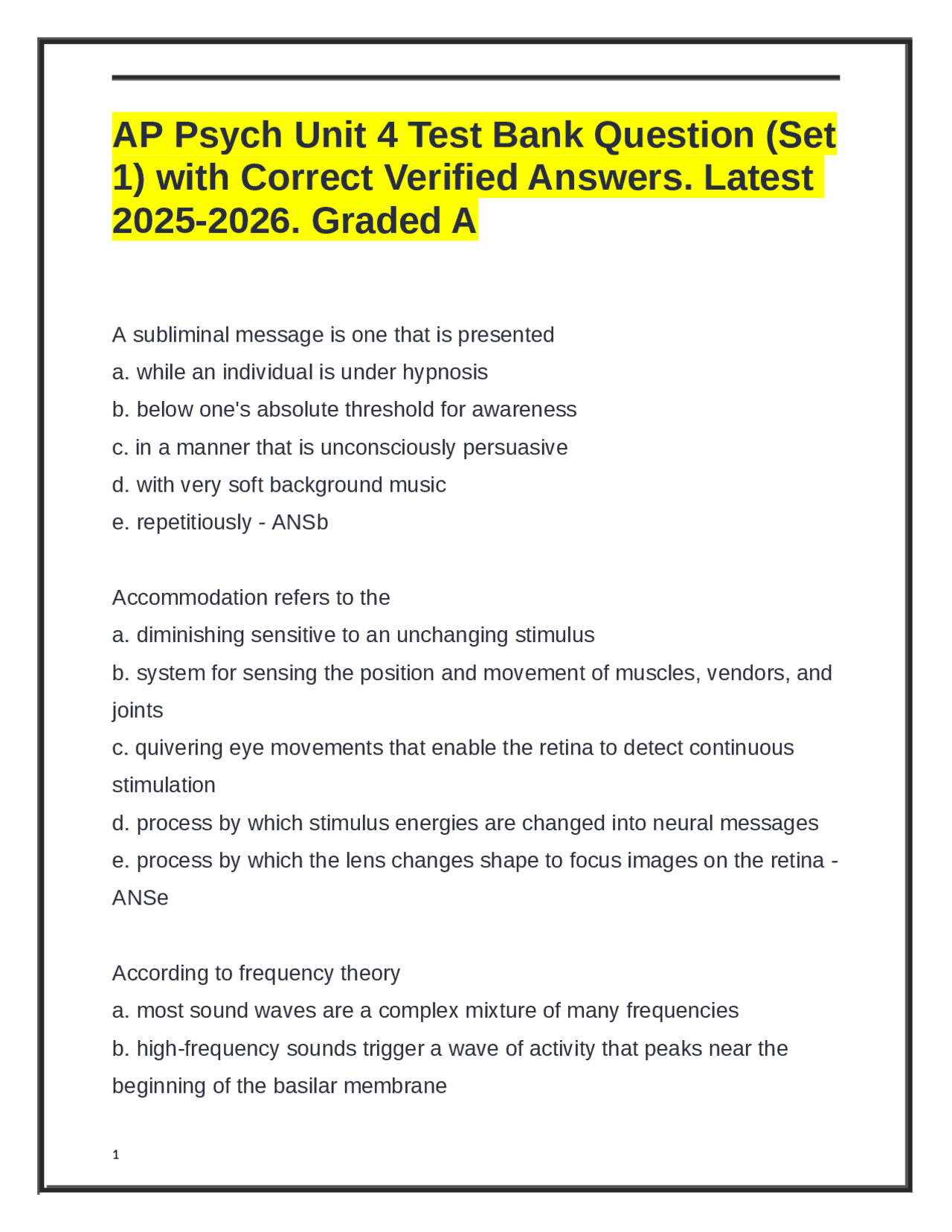 AP Psychology Unit 4 Test Bank: Sensation and Perception | Exams ...