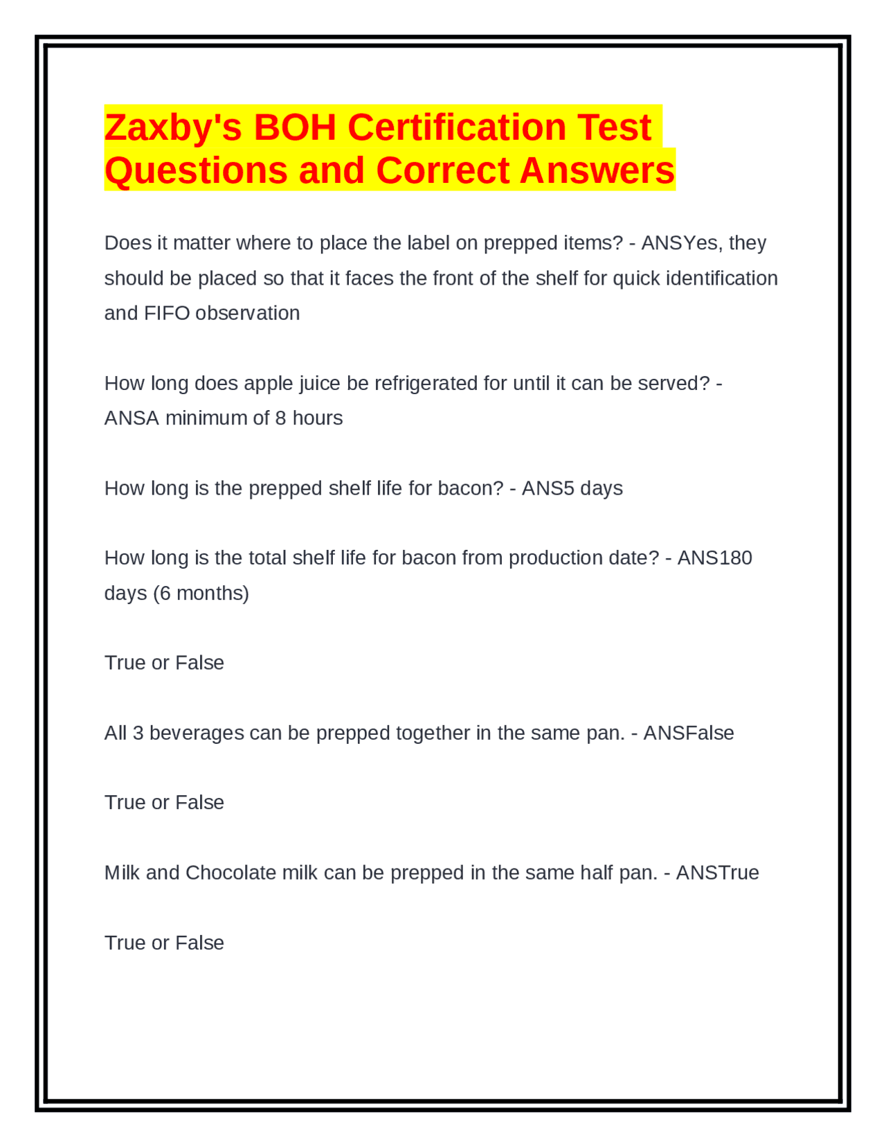 Boh File. Food Zaxby's Back-of-House (BOH) Certification Test: Food Handling, Storage ...