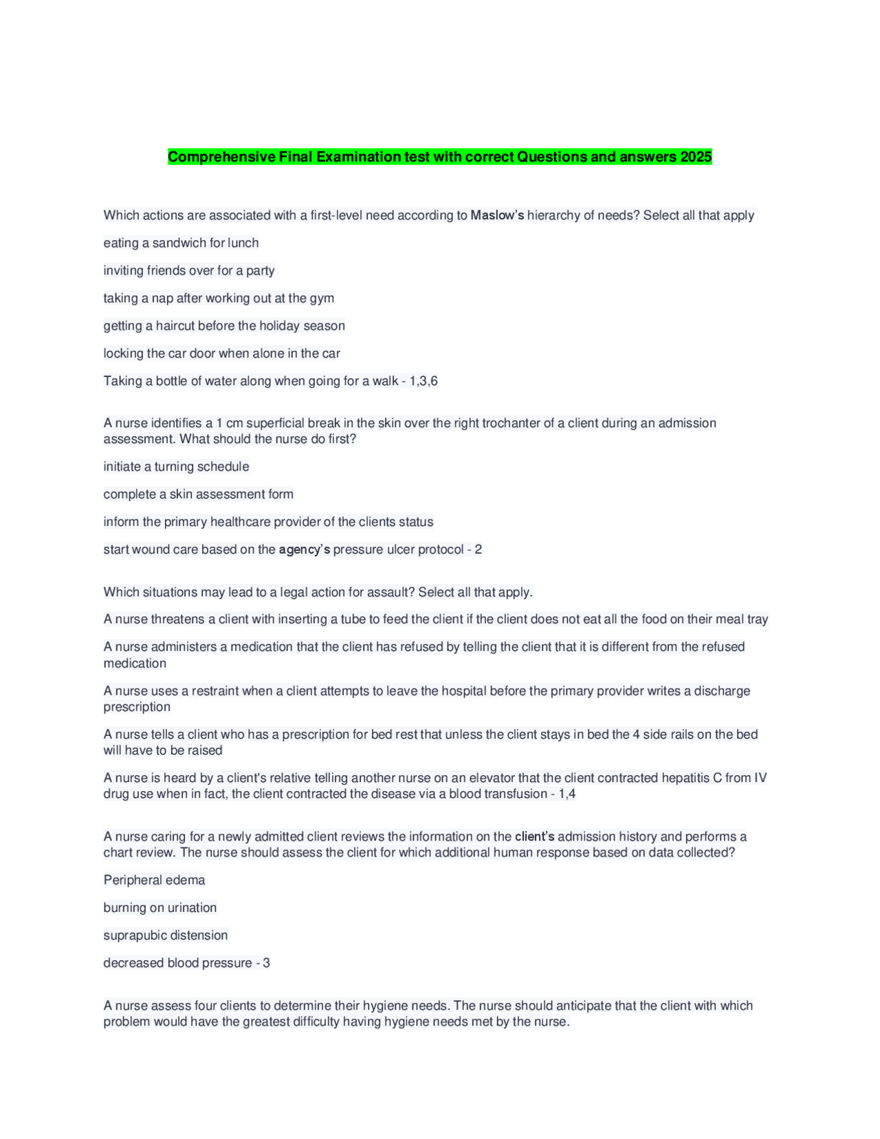 Comprehensive Final Examination test with correct Questions and answers ...