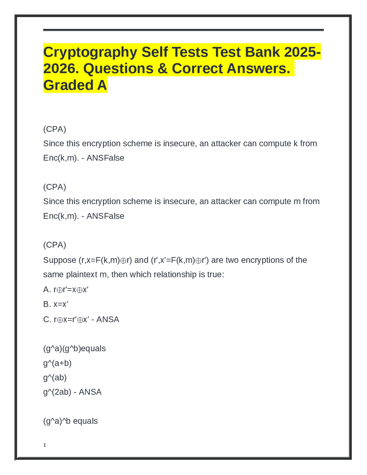 Cryptography Self Tests Test Bank 2025-2026. Questions & Correct ...
