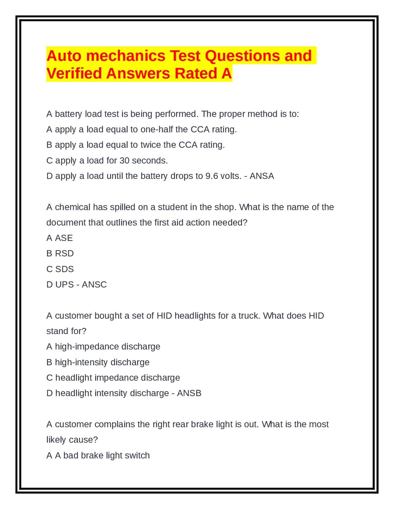 Auto Mechanics Test Questions and Answers | Exams Mechanics | Docsity