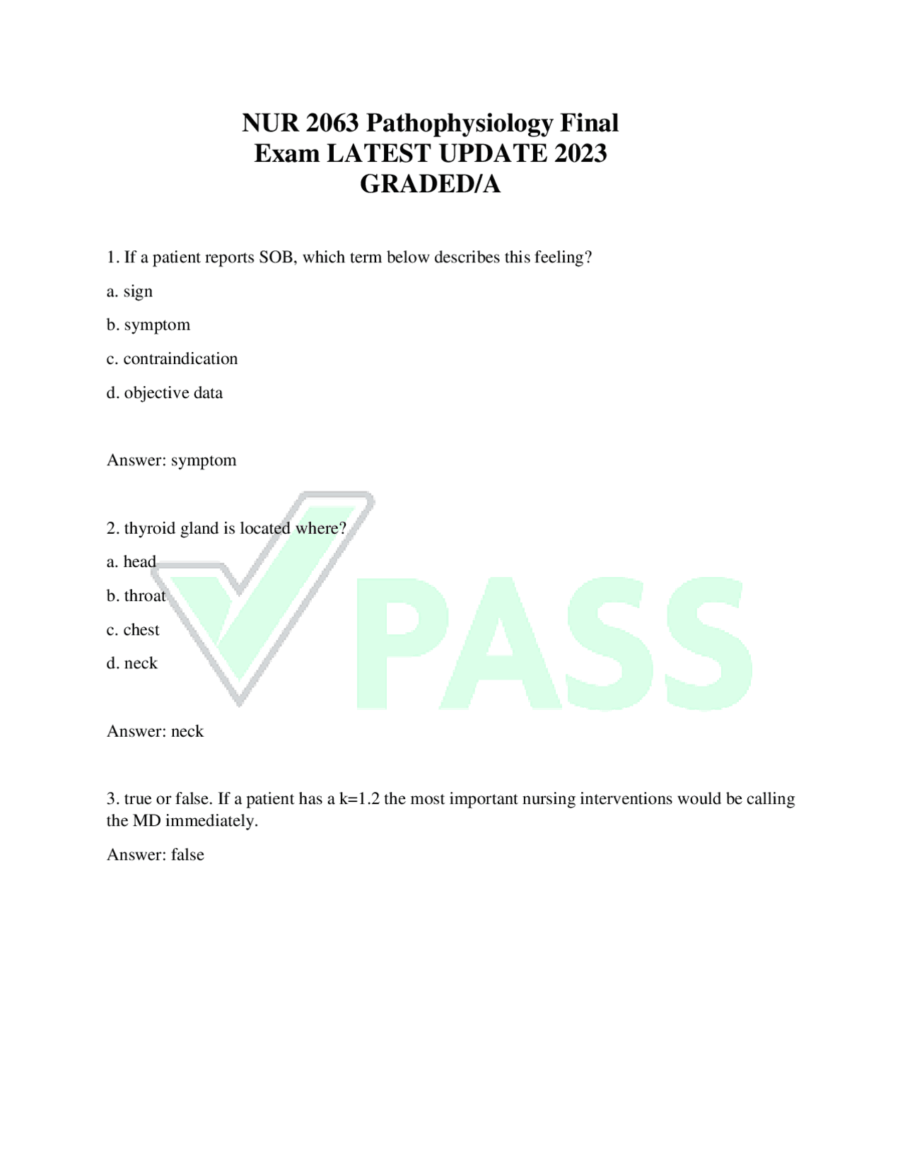 NUR 2063 Pathophysiology Final Exam Questions and Answers | Exams ...