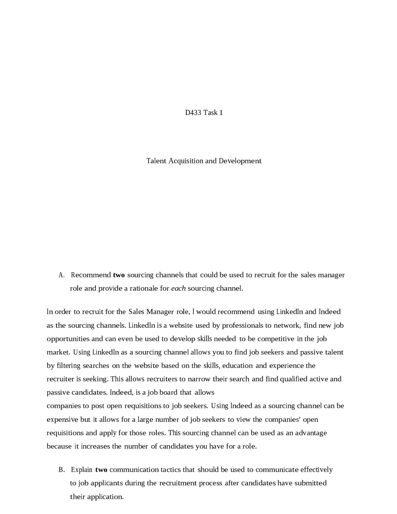D433 Task 1 Talent Acquisition and Development A. Recomme | Thesis ...