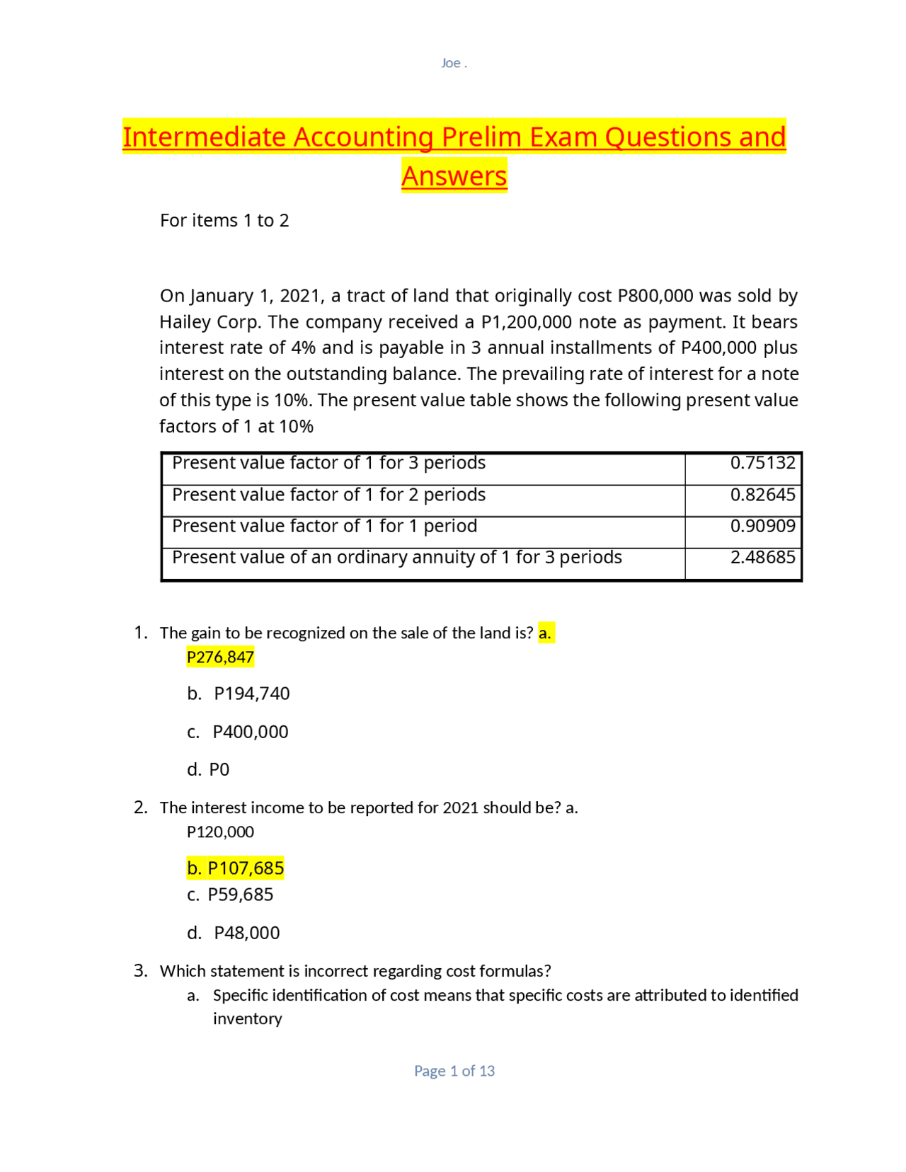 Intermediate Accounting Prelim Exam Questions and Answers | Exams ...
